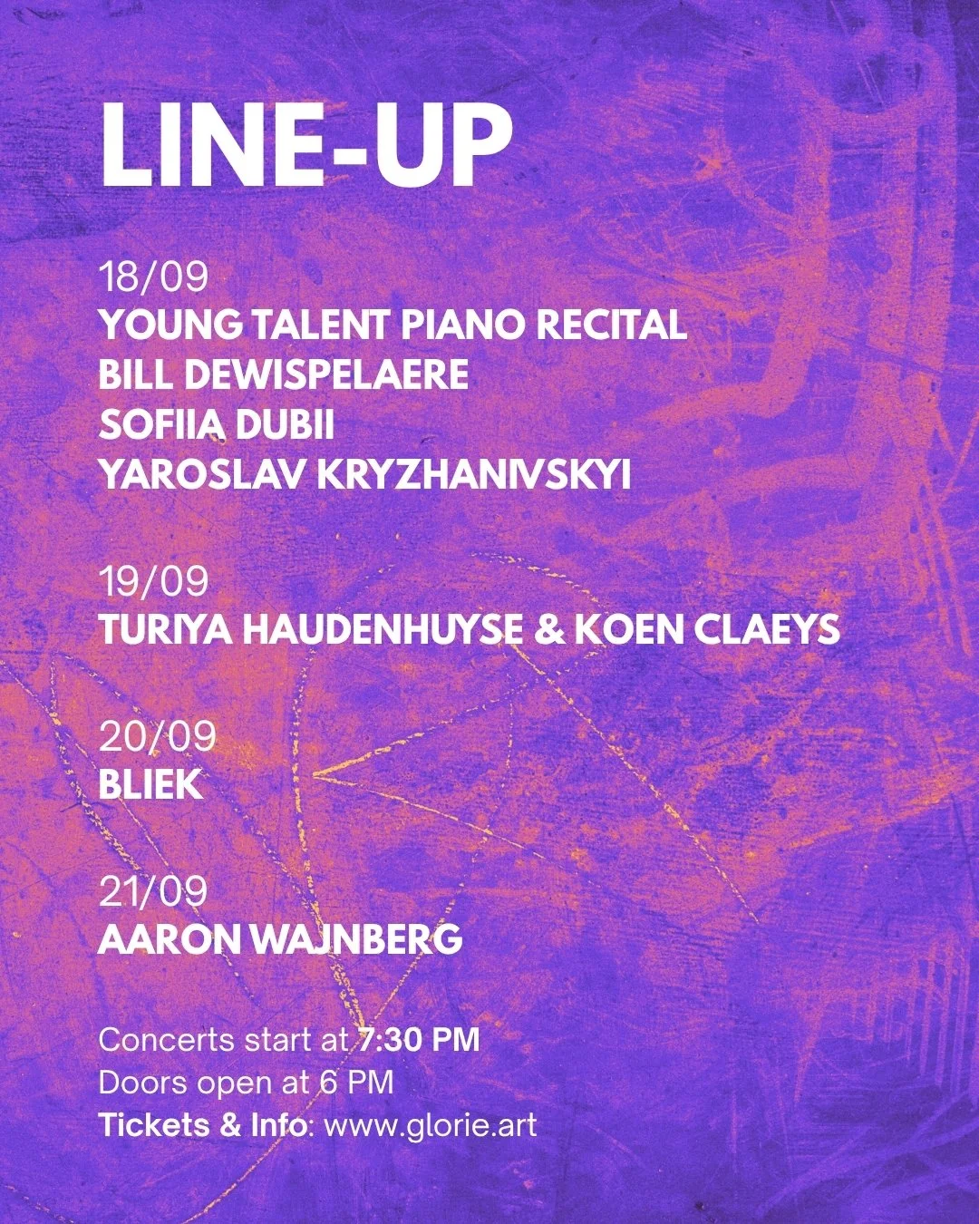 Event poster for a series of concerts with a purple textured background and white text listing dates, performers, and times.