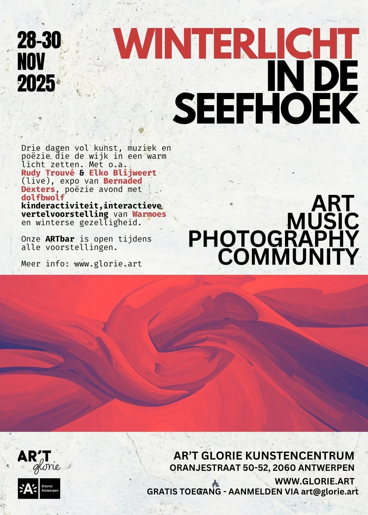 Poster for Winterlicht in de Seehoek event, showcasing art, music, photography, community from November 28-30, 2025, with a visual abstract of swirling red and purple paint at the bottom and event details in Dutch.