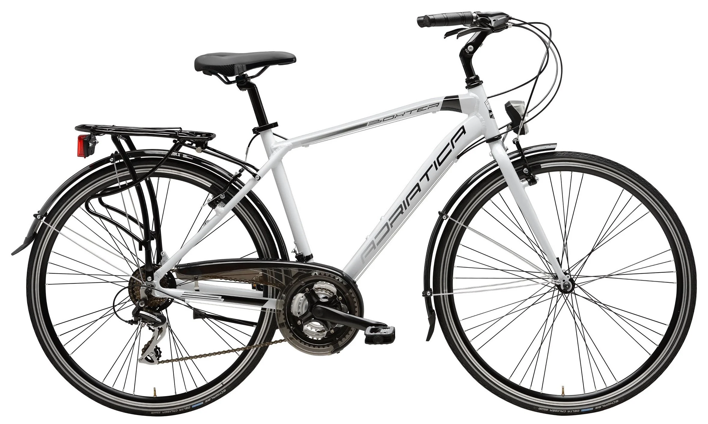 Bicicletta da città bianca con accessori nero, ruote grandi, manubrio, sella, e portapacchi, vista laterale.