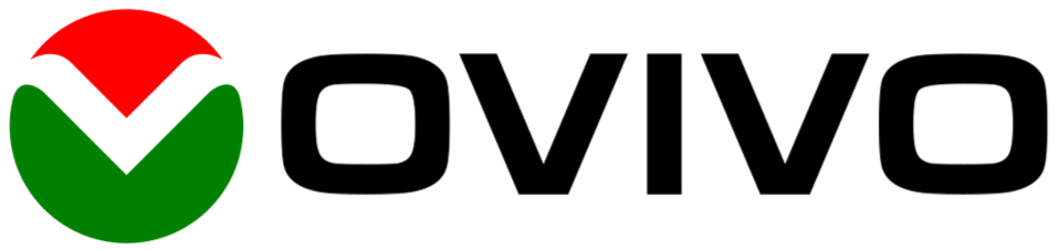 Logo di Oviv, con un simbolo rotondo diviso in metà rossa e verde, accanto alla scritta 'Oviv' in nero.