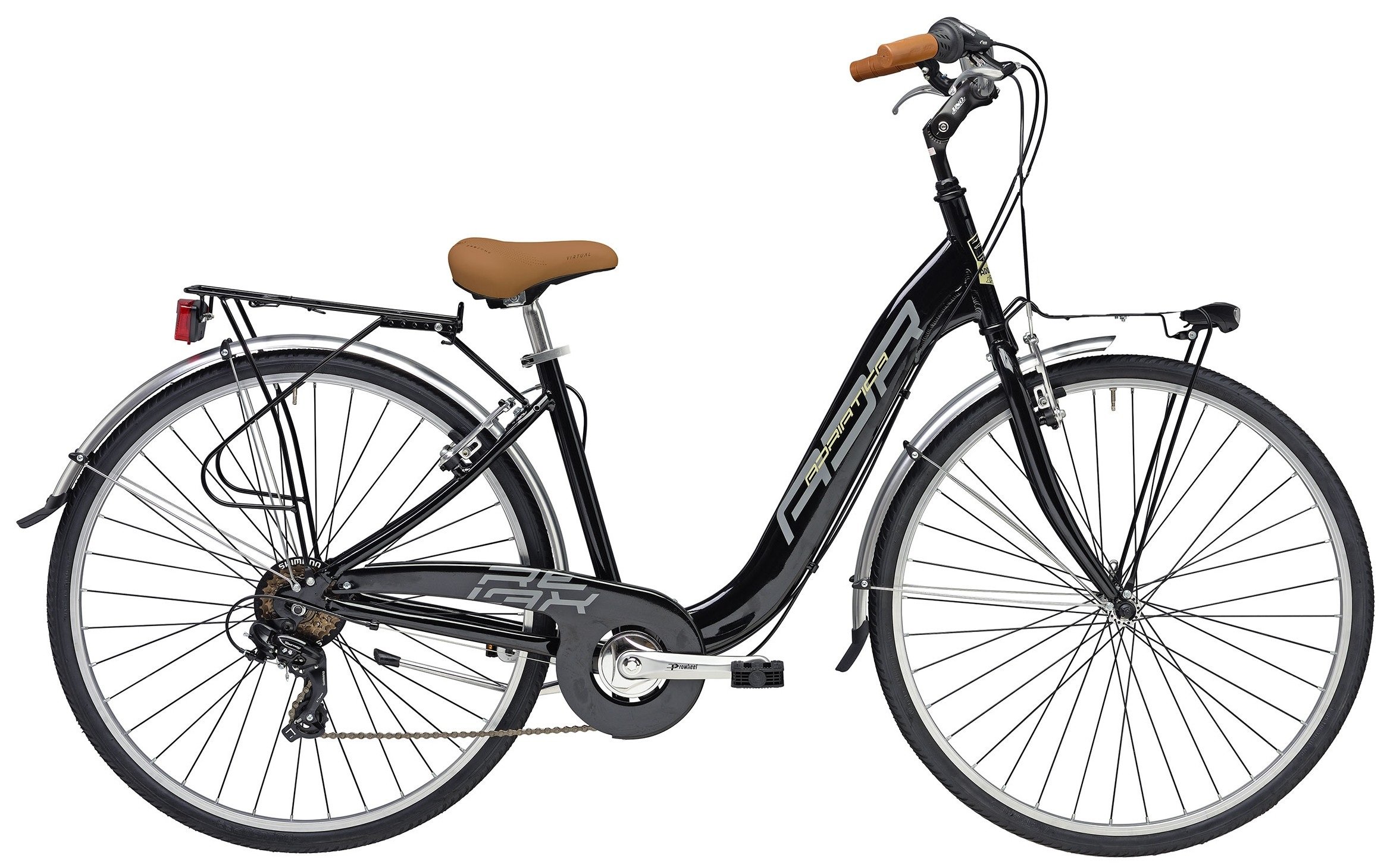 Bici elettrica nera con telaio, manubrio e copertoni, sella in pelle marrone e portapacchi posteriore