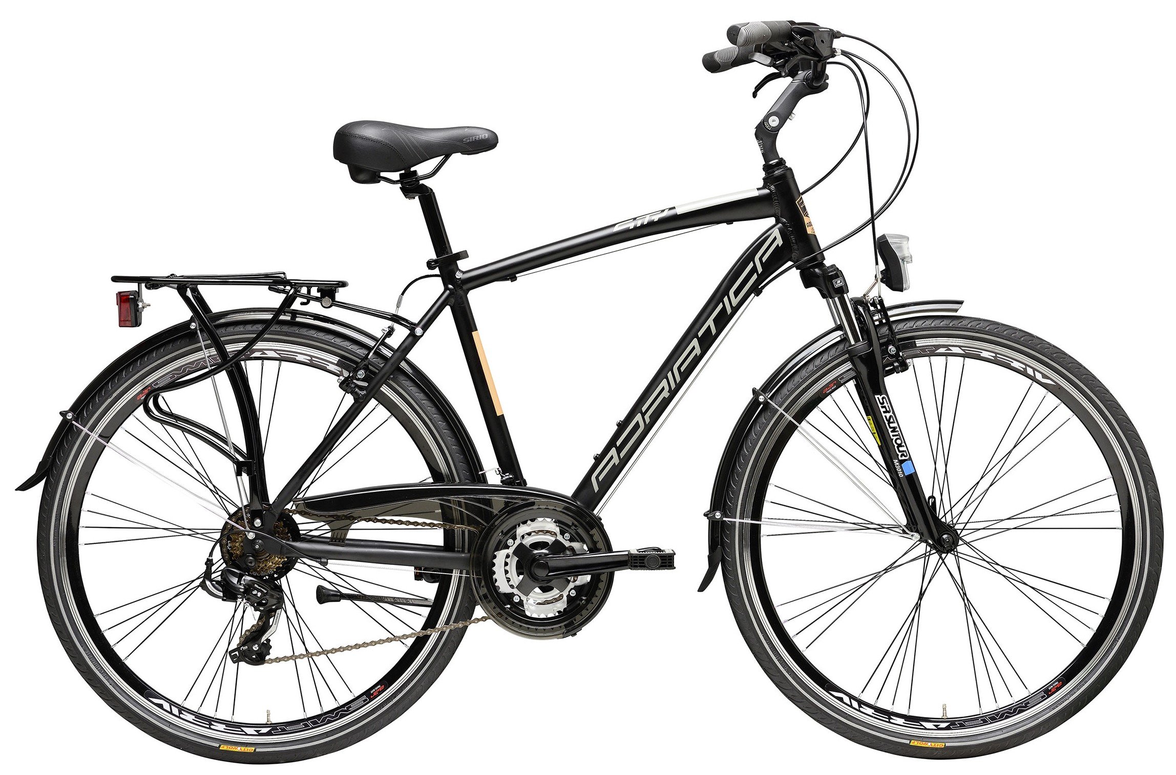 Bicicletta da corsa nera con forcellini, parafanghi e luci anteriori e posteriori, vista laterale.