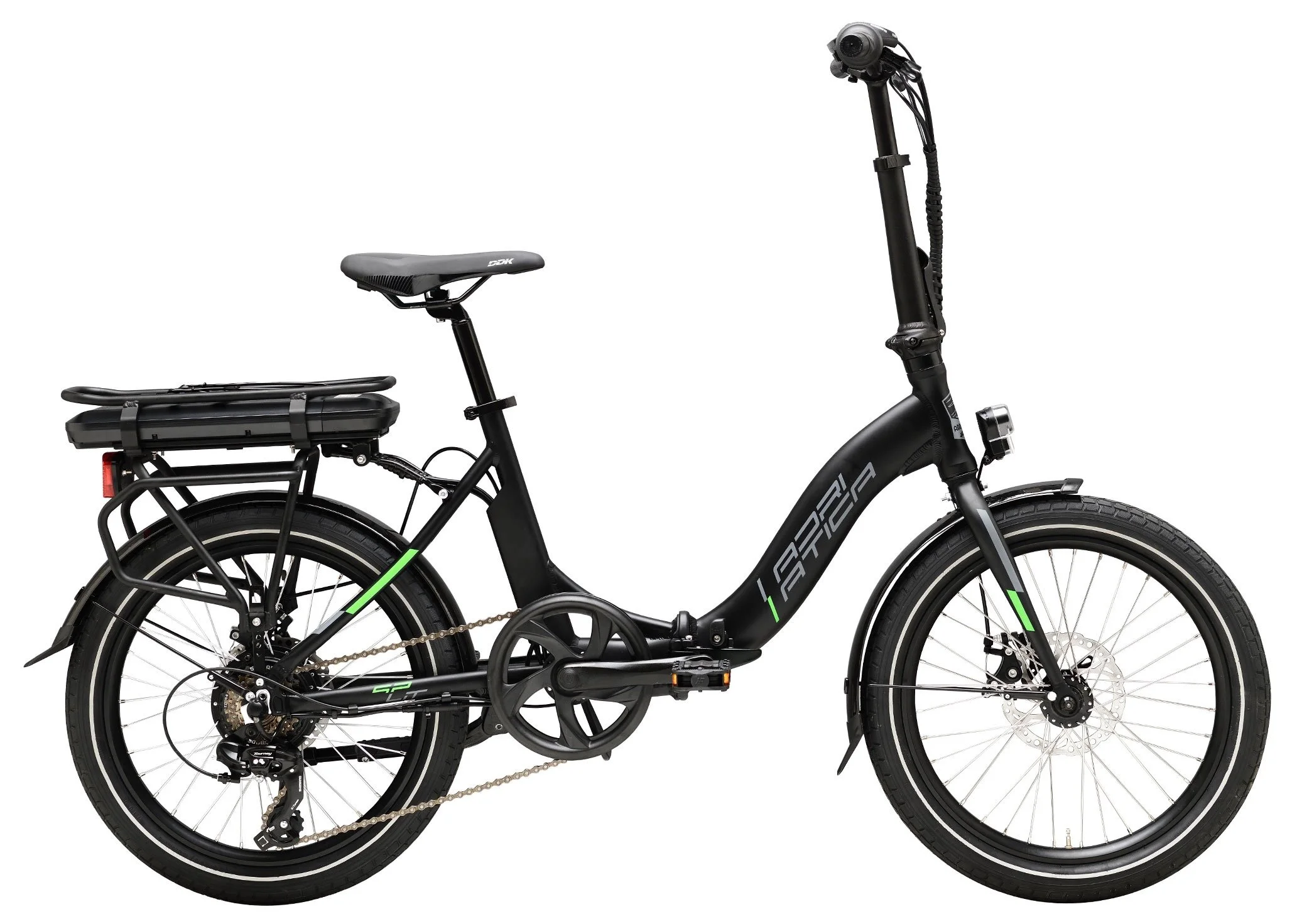 Una bicicletta elettrica a due ruote con telaio nero, sella, manubrio, e portapacchi posteriore.