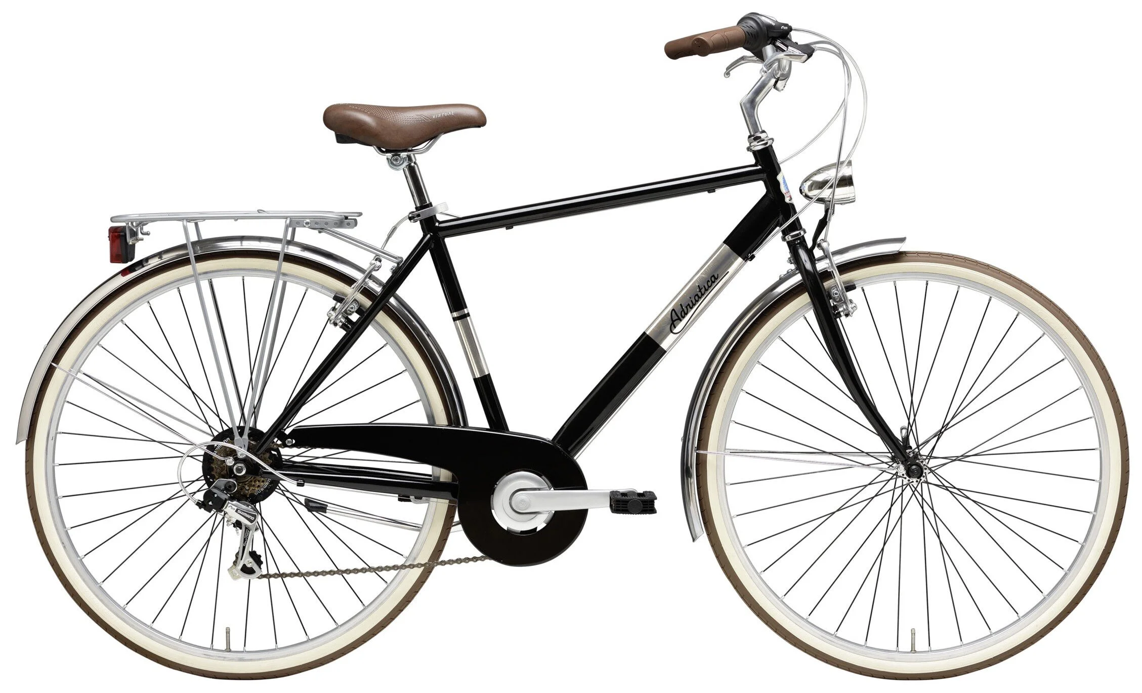 Bicicletta da donna con cornice nera, sella e manopole marroni, pneumatici bianco-beige, portapacchi posteriore e campanello.