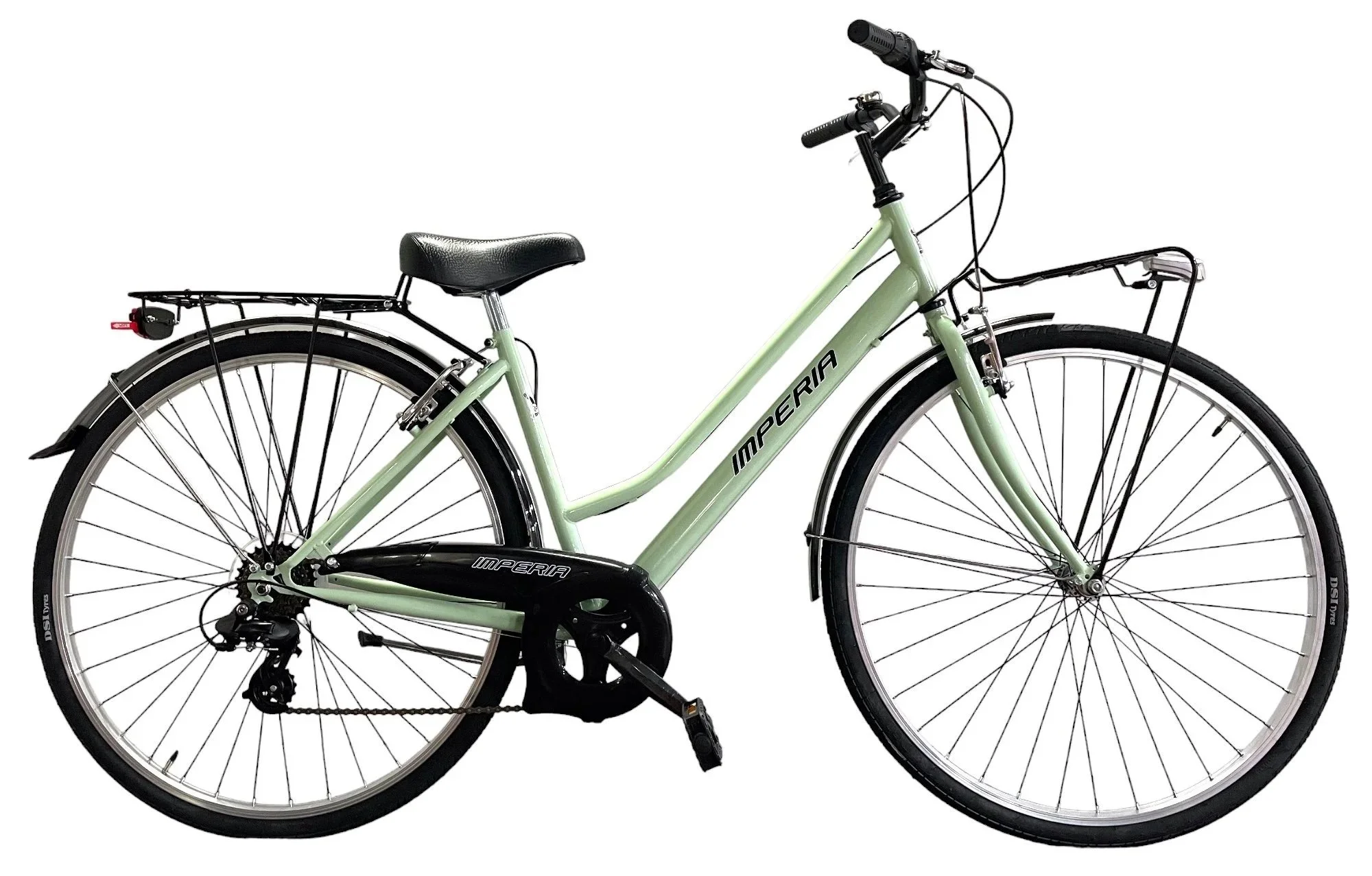 Bicicletta verde chiaro con cornice in acciaio, marce, parafanghi, e manubri appoggiati a un lato, marchiata Imperia.