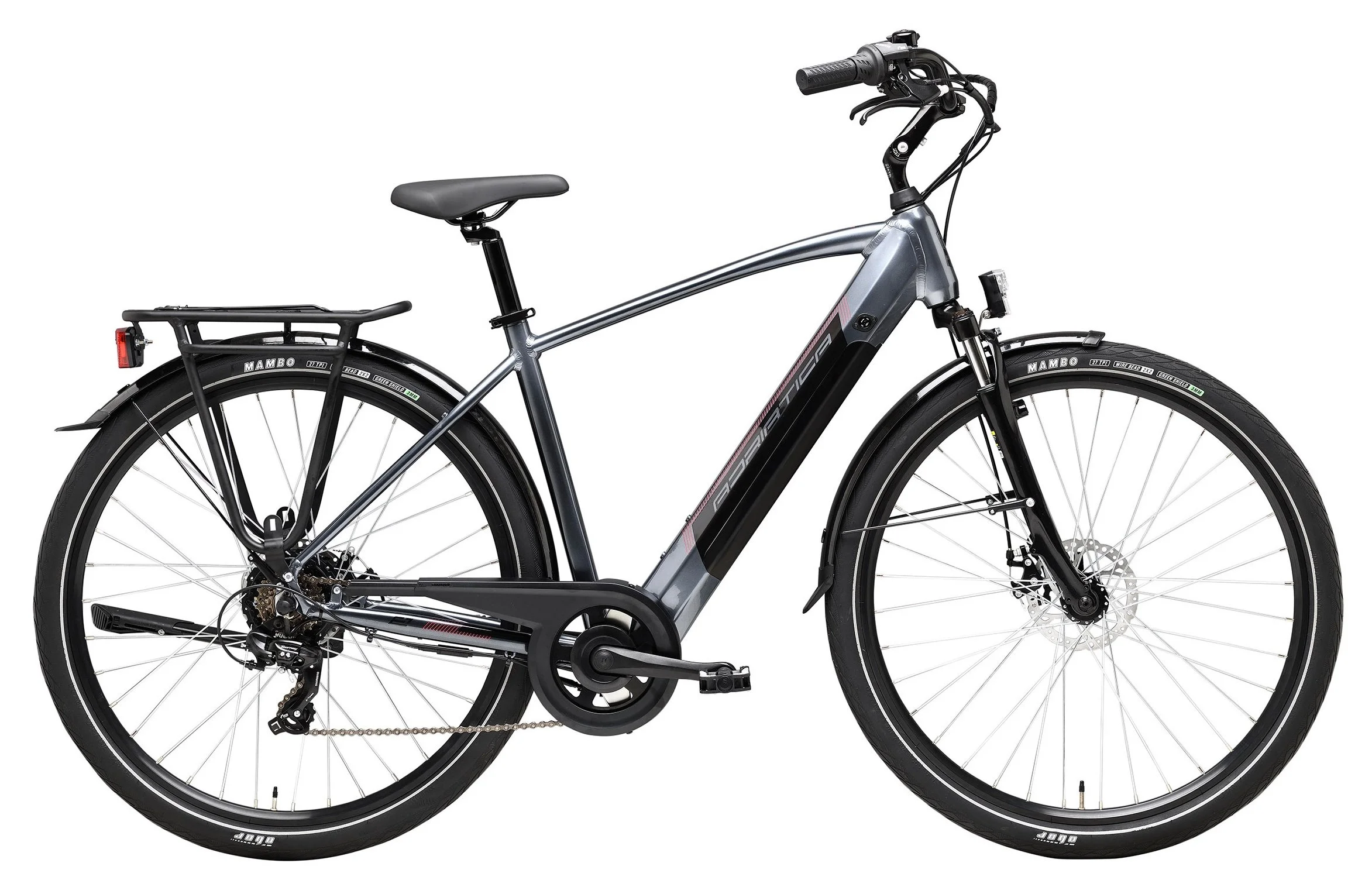 Bicicletta elettrica nera e grigia con telaio in metallo, pneumatici con marcatura MAMBO, e sistema di frenata a disco