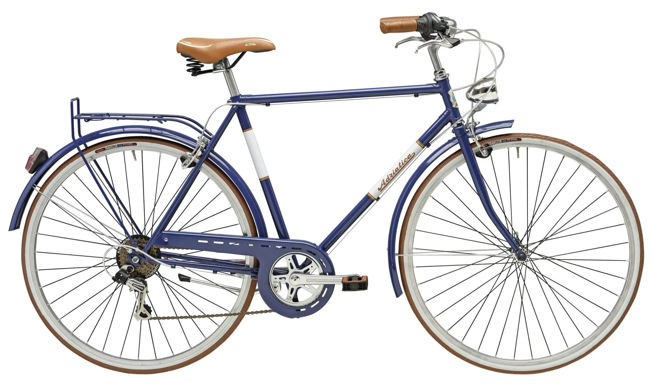 Bicicletta da città azzurra con istallazione in pelle marrone, portapacchi posteriore e luci anteriori e posteriori.