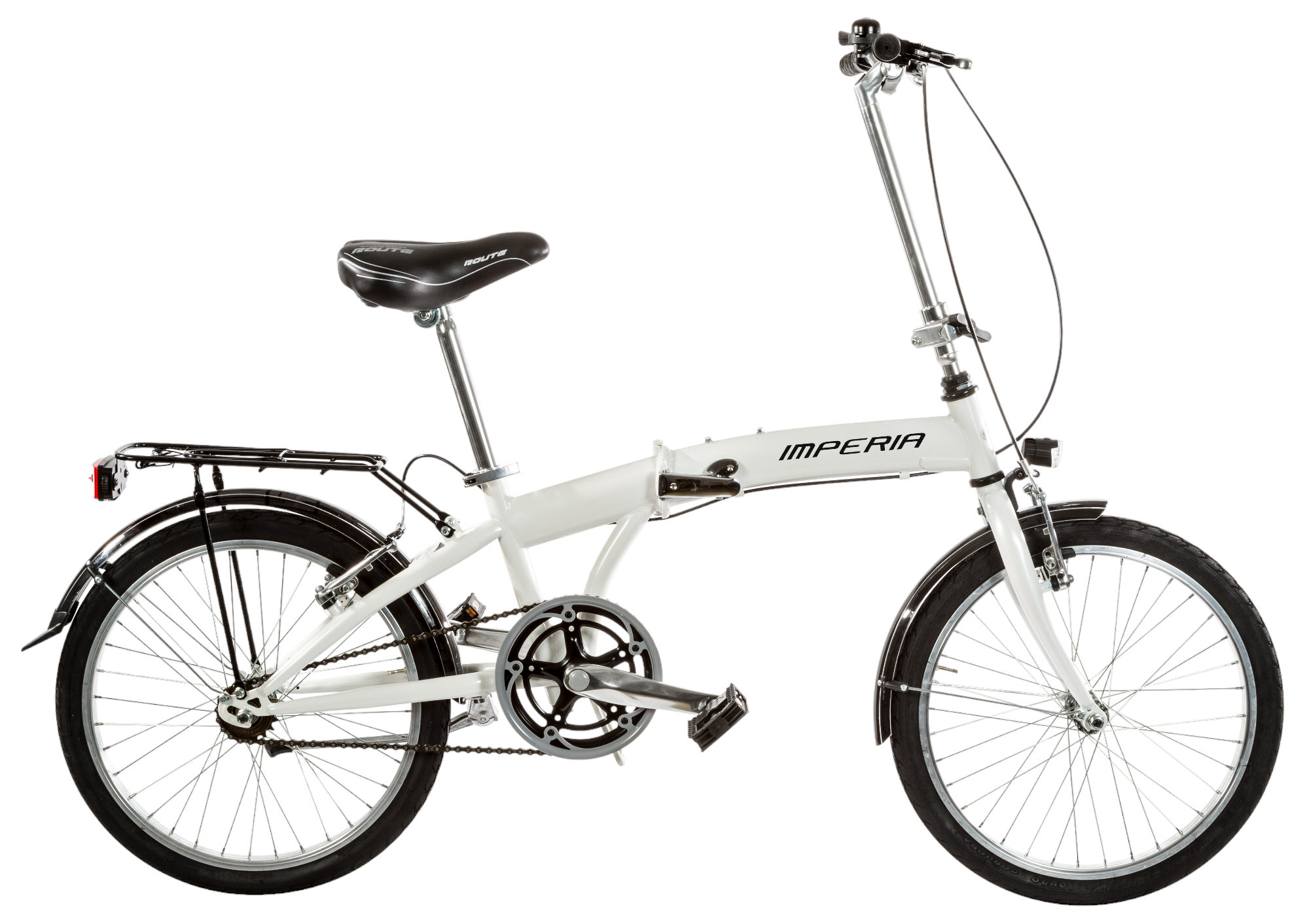 Bicicletta bianca con telaio pieghevole, asincrona, con il marchio 'IMPERIA'.