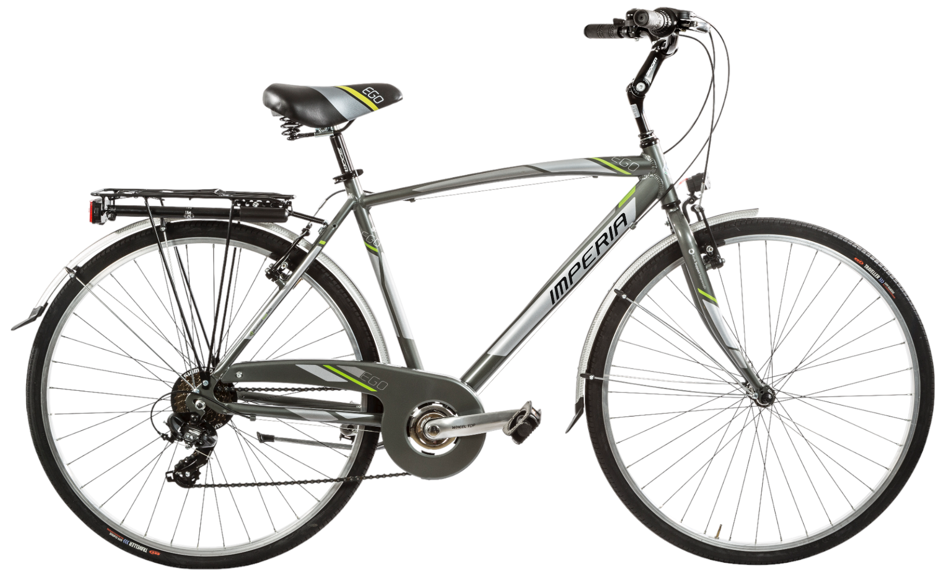 Bici da trekking grigia con dettagli verdi e nere, con telaio in metallo, cerchi e pneumatici da strada, manubrio curvo, selle nera e sistema di autogenerazione energia