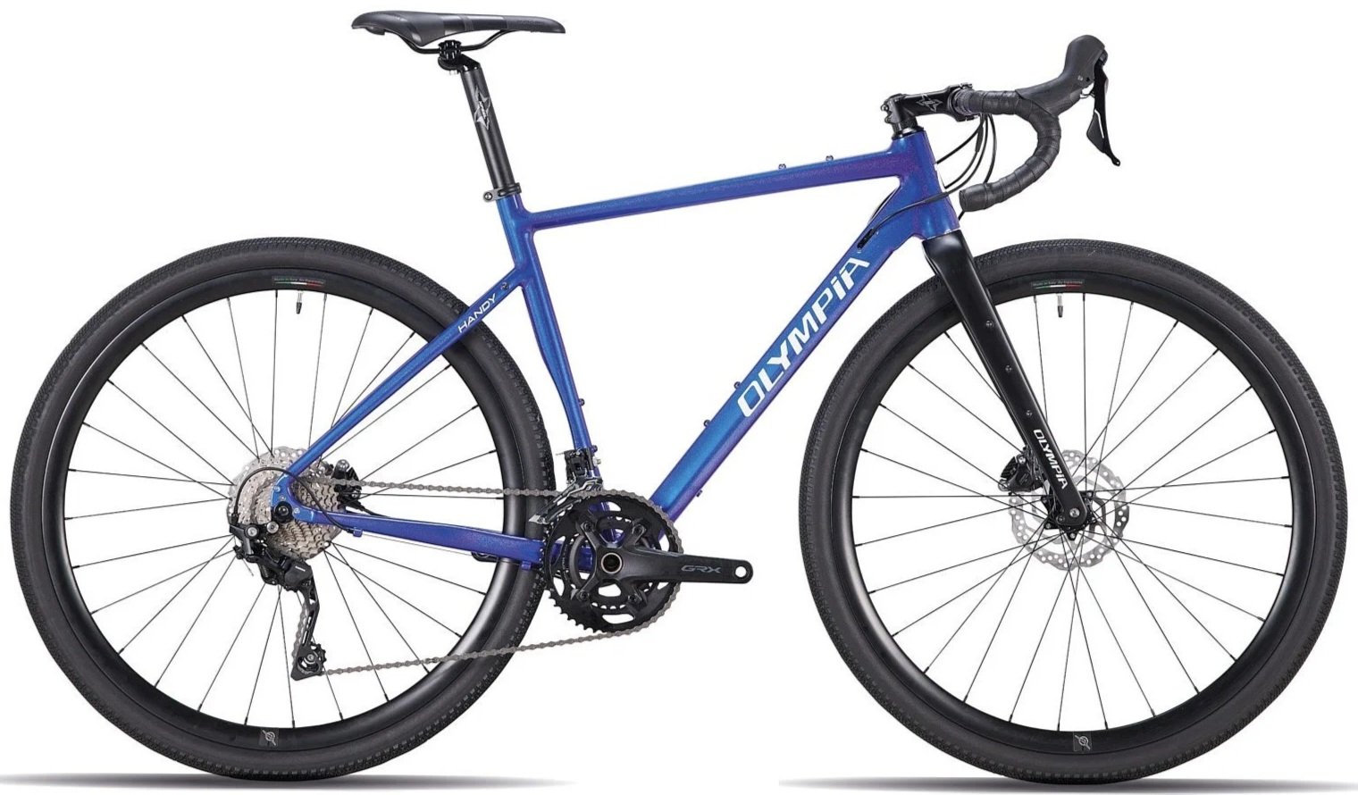 Bicicletta da montagna di colore blu con telaio in fibra di carbonio e componenti neri.