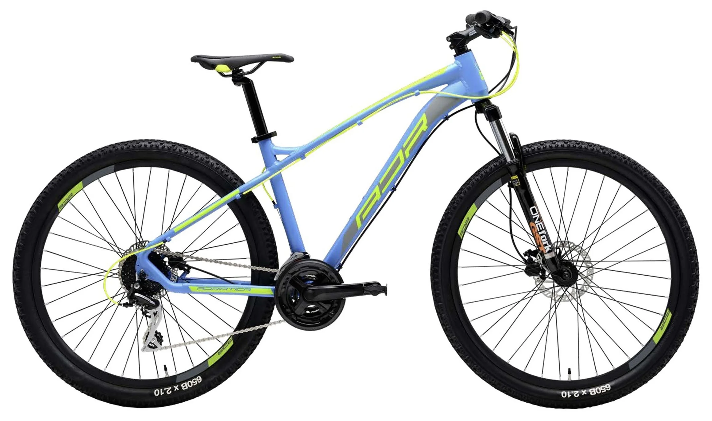 Bicicletta da montagna di colore blu con dettagli gialli, ruote grandi, forcella sospesa e telaio leggero.