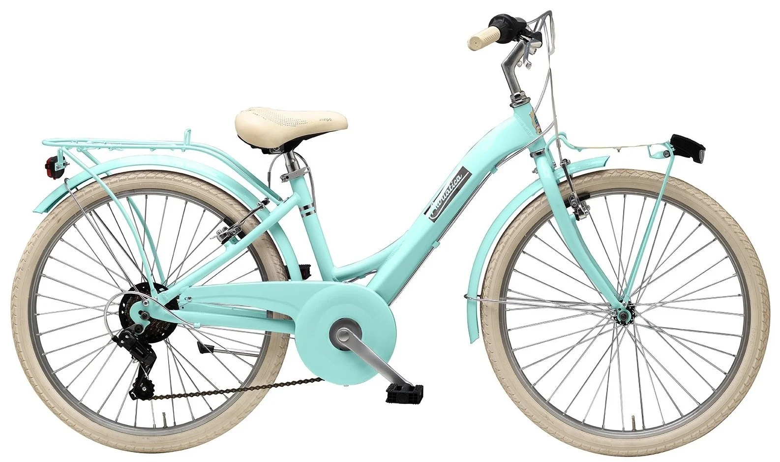 Bicicletta azzurra con gomme beige e sella chiara, montata in modo da poter essere usata sia su strada che in terreni più morbidi.