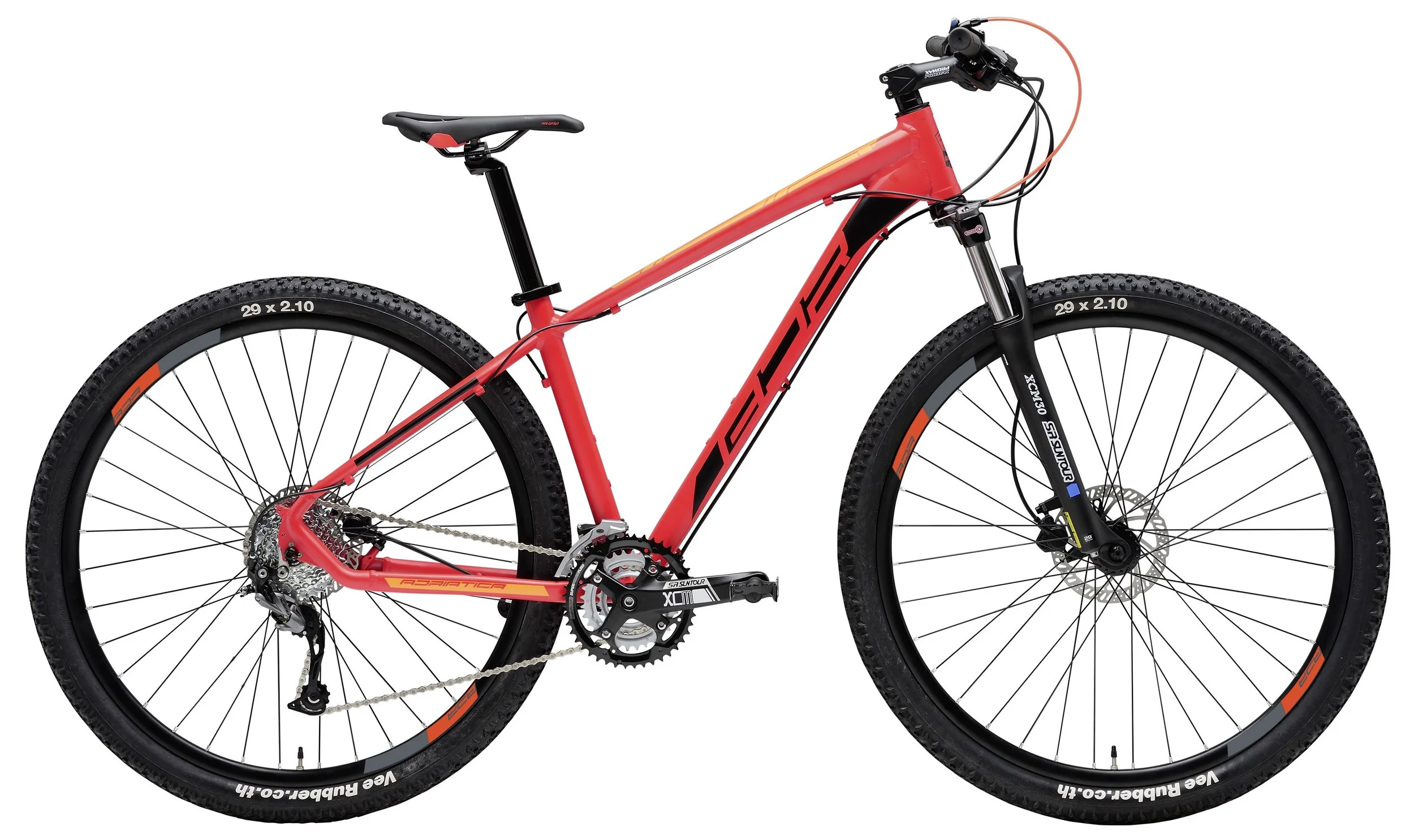 Bicicletta da montagna rossa con telaio in alluminio, pneumatici larghi e sospensione anteriore, vista frontale e laterale.