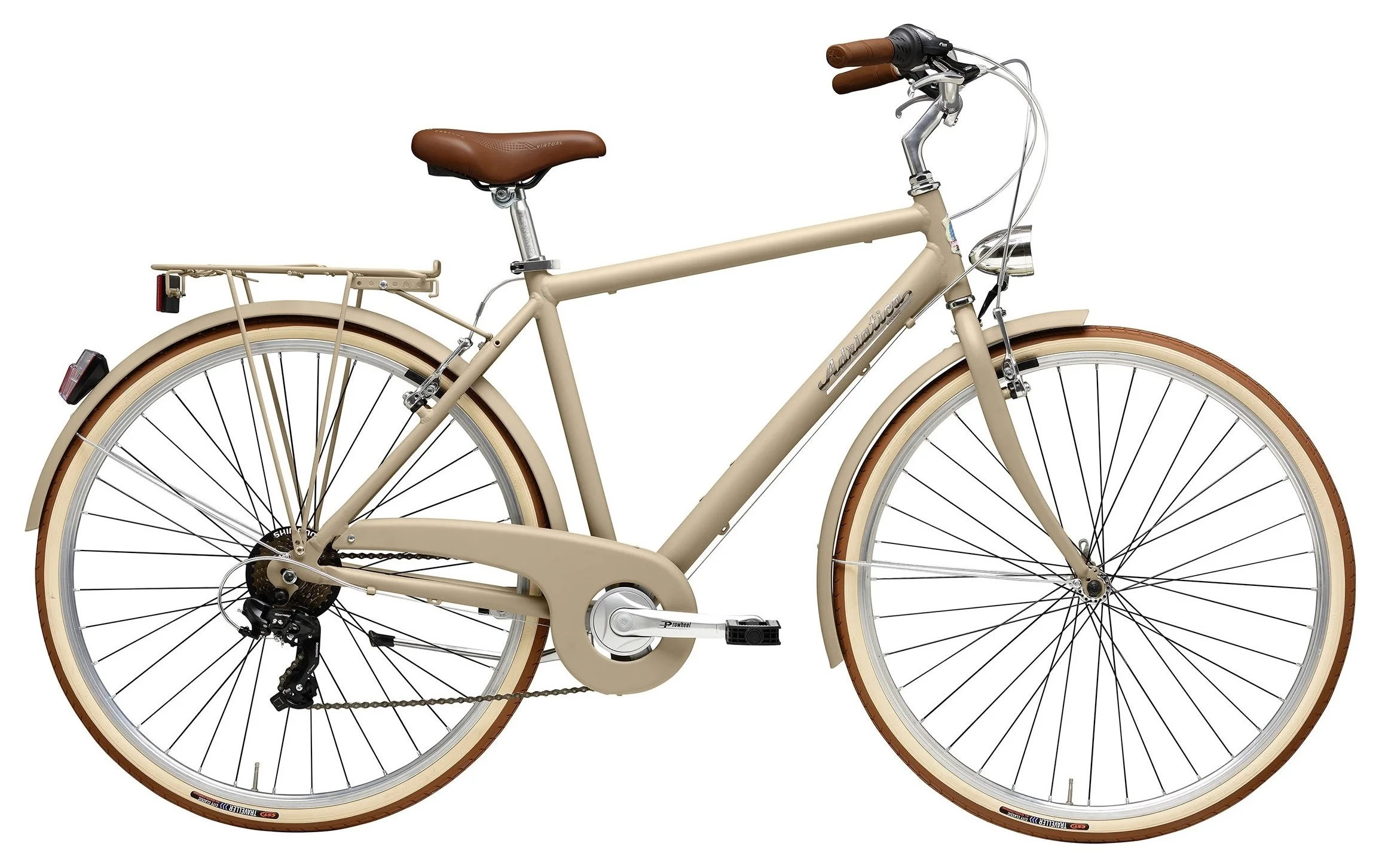 Bicicletta beige con sella e manubrio marroni, ruote con pneumatici bianchi, portapacchi posteriore e luci anteriori e posteriori.