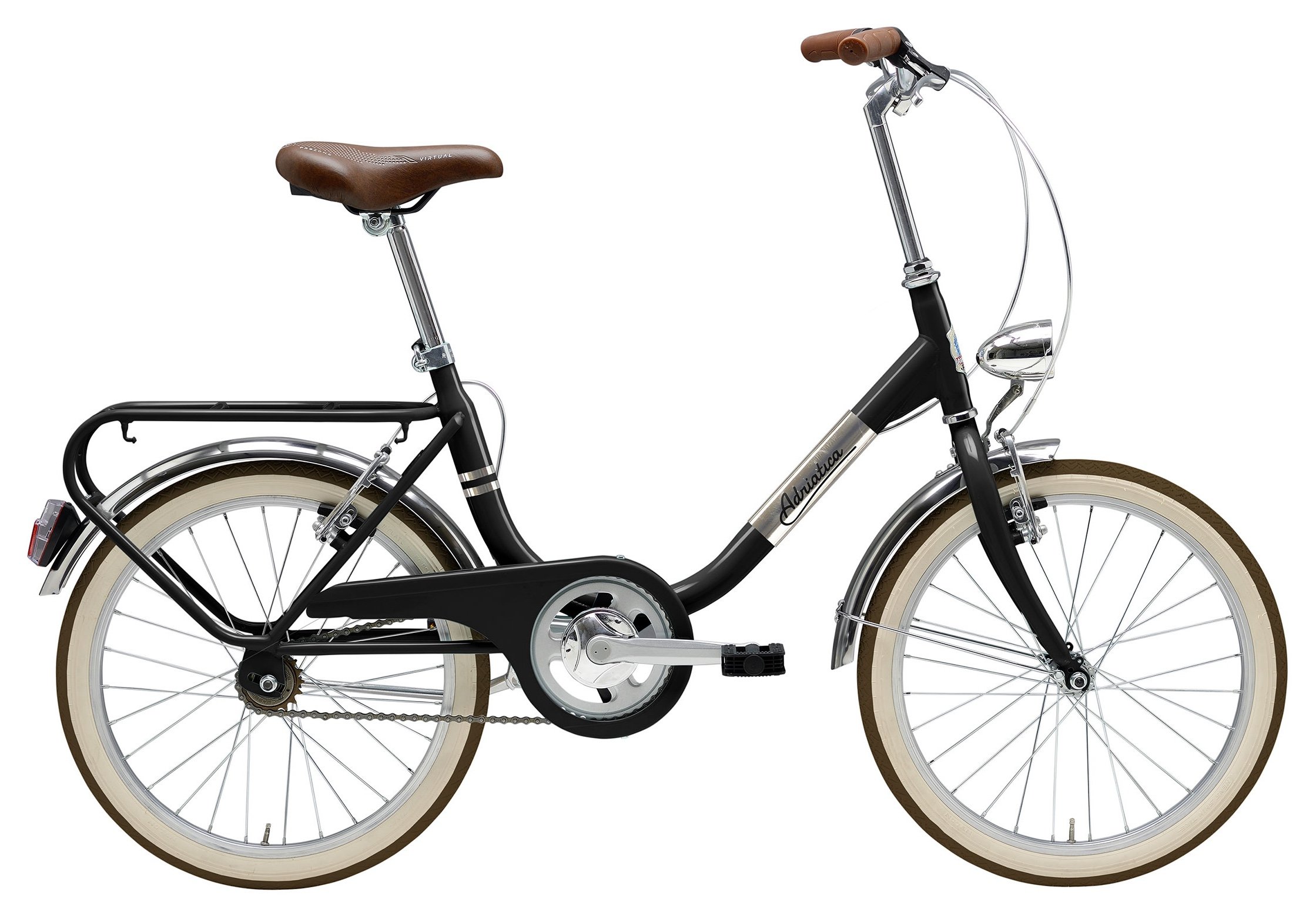 Bicicletta da città con telaio nero, selle e manubri marroni, tubi beige ai bordi, ruote con coperture chiare, portapacchi e luci