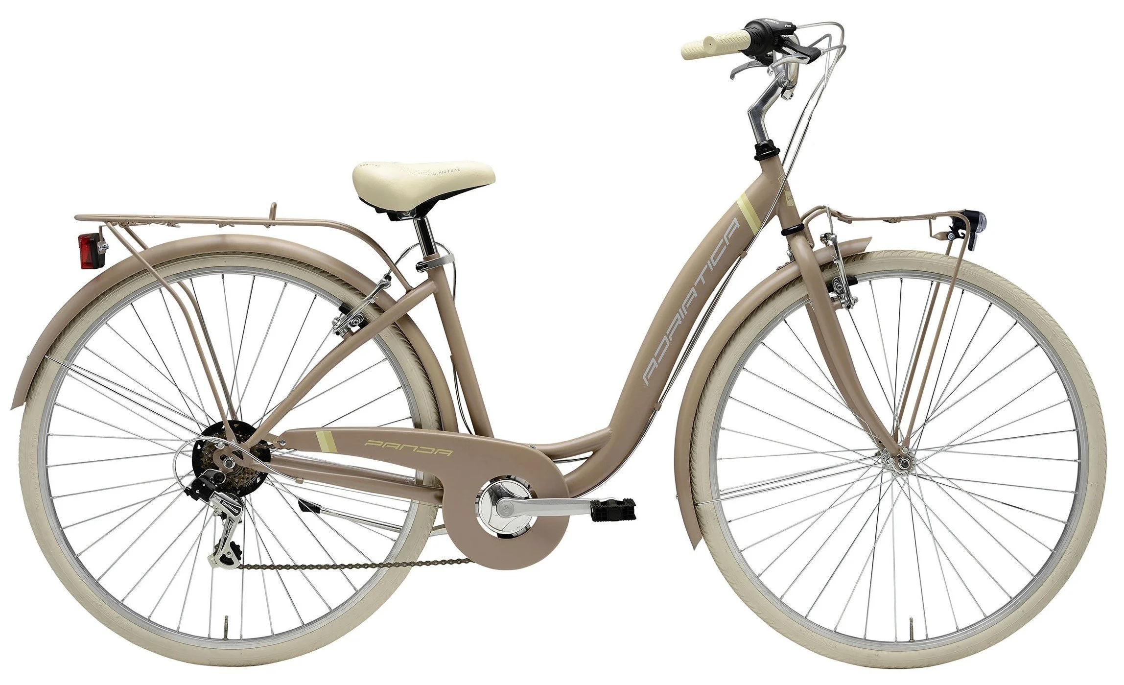 Bicicletta da città beige con pneumatici chiari, sella beige, manubrio con grip beige e portapacchi posteriore