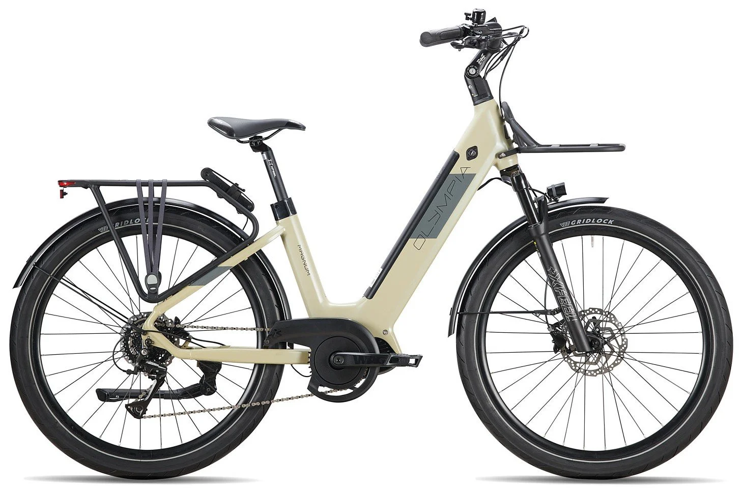 Bicicletta elettrica a telaio beige con display digitale e parafanghi neri.