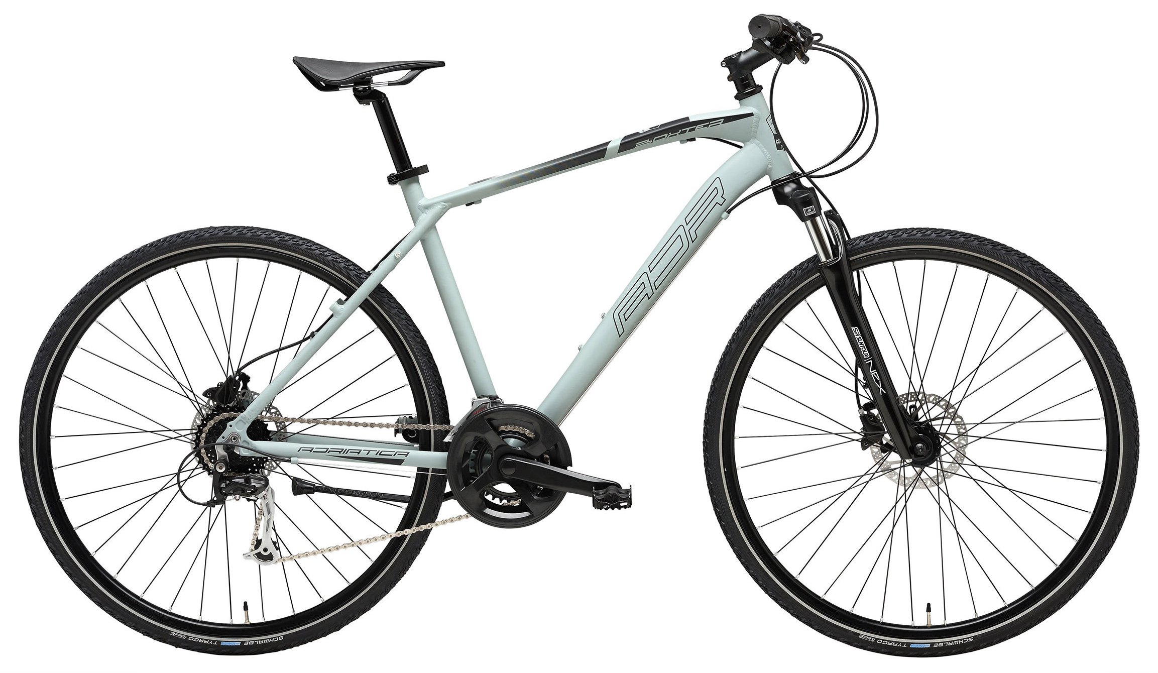 Bicicletta da montagna con telaio bianco, forcella nera e pneumatici da fuoristrada