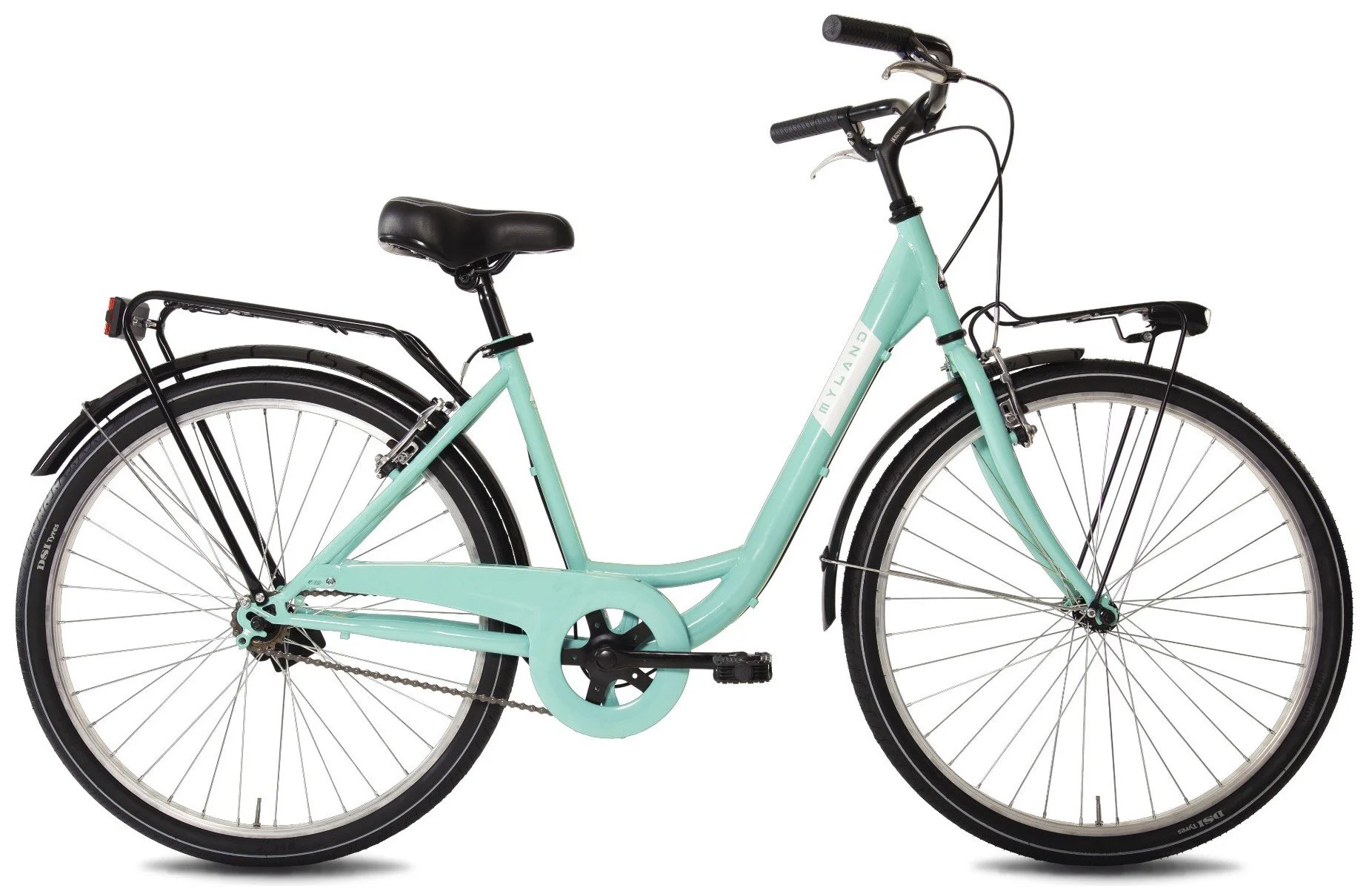 Bicicletta da città azzurra con telaio curvo, selle nera, portapacchi e pneumatici neri.
