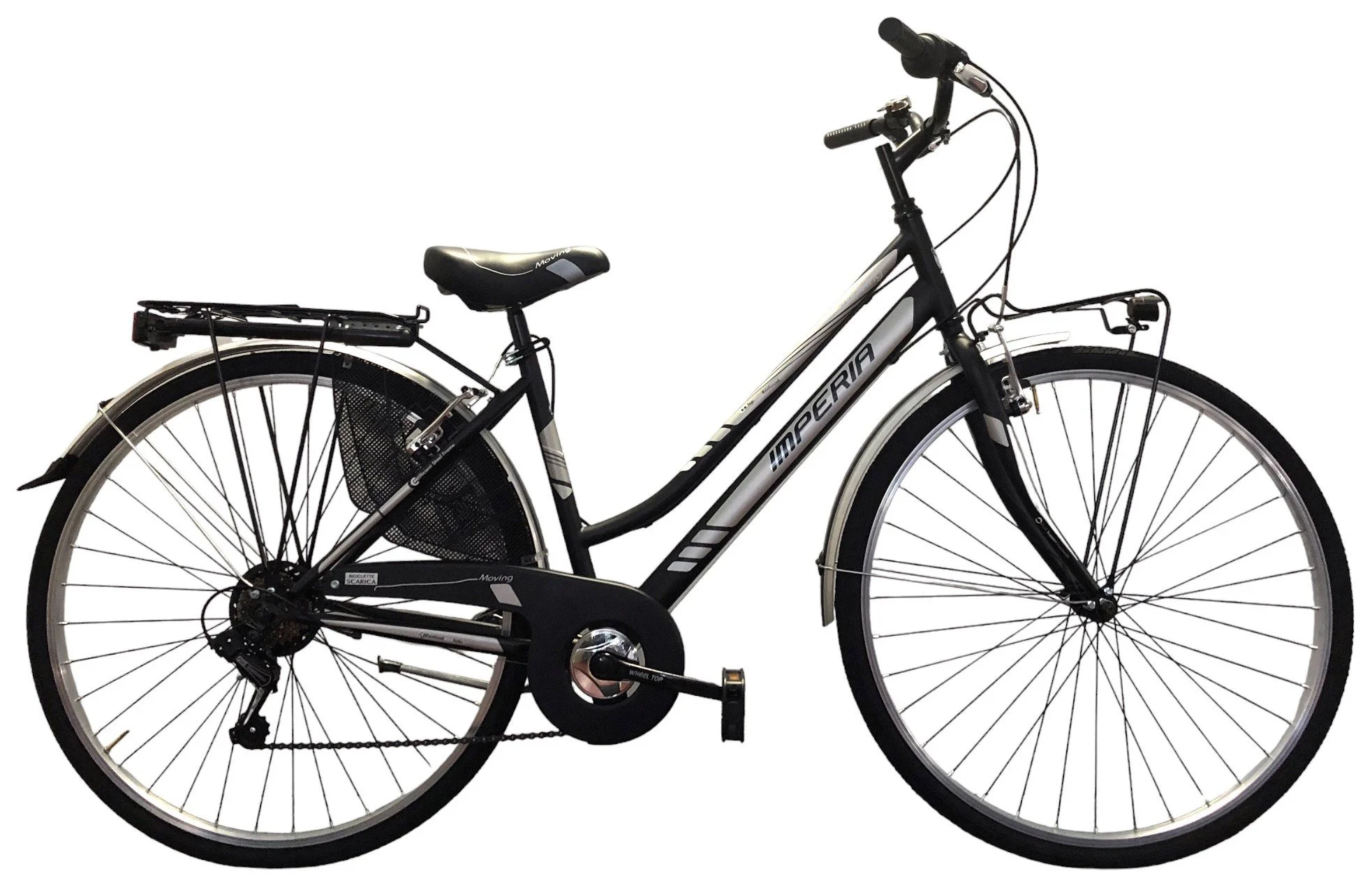 Bicicletta nera e grigia con luci anteriori e posteriori, portapacchi posteriore, e copertoni da strada.