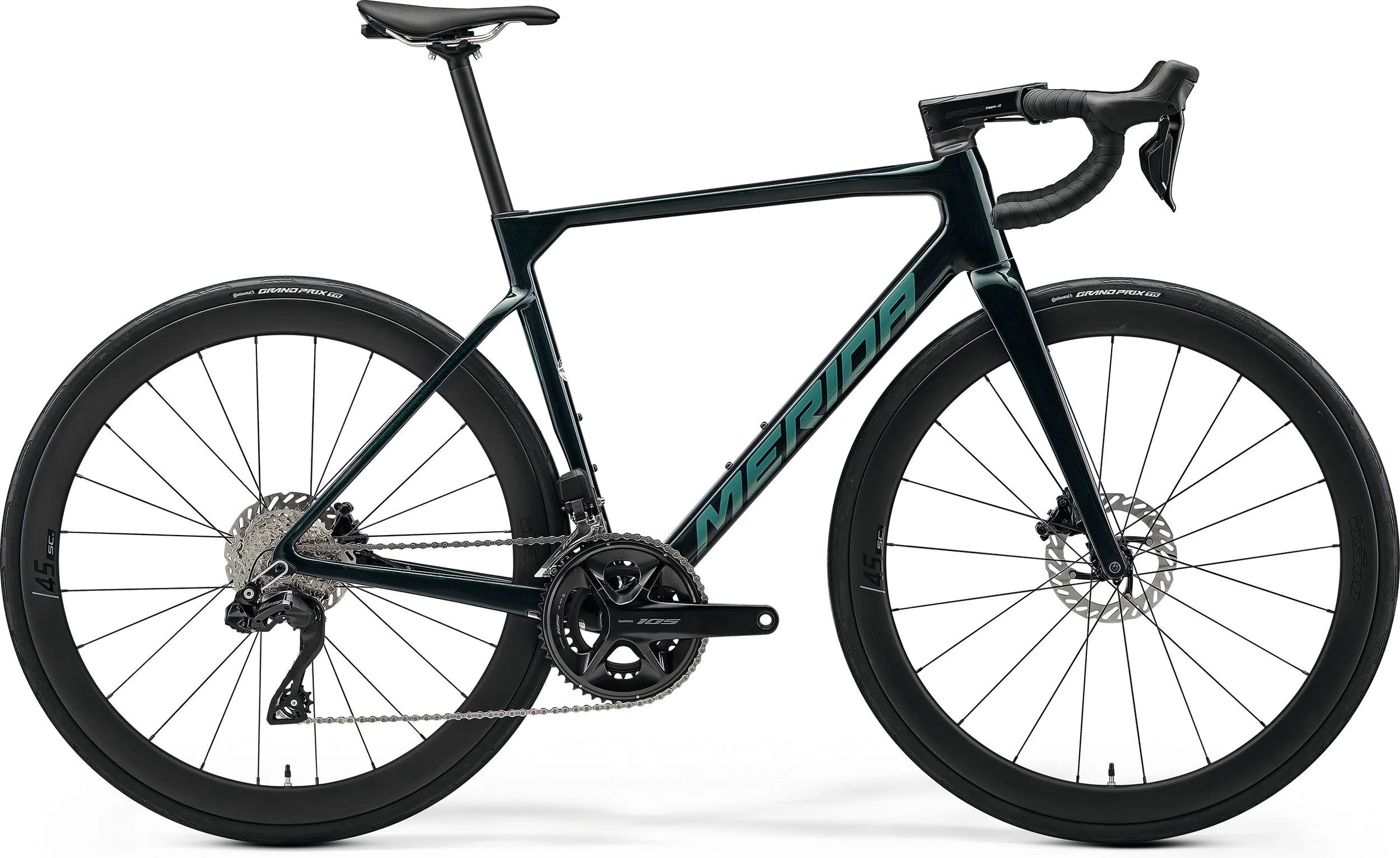 Bicicletta da corsa merida di colore nero e blu con ruote da 45 mm di larghezza.