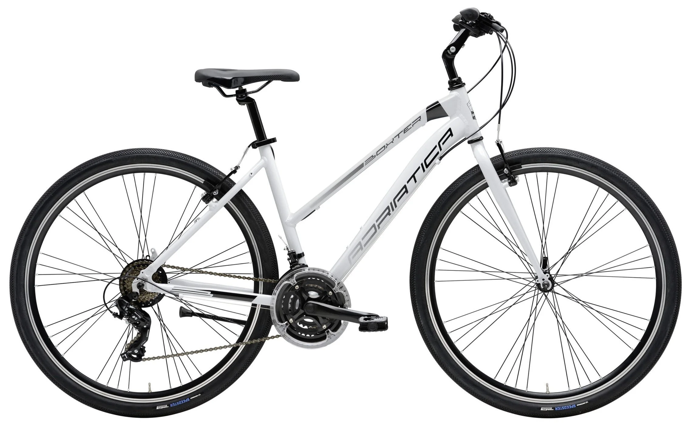 Bicicletta da corsa bianca con telaio in alluminio, pneumatici neri e componenti neri.