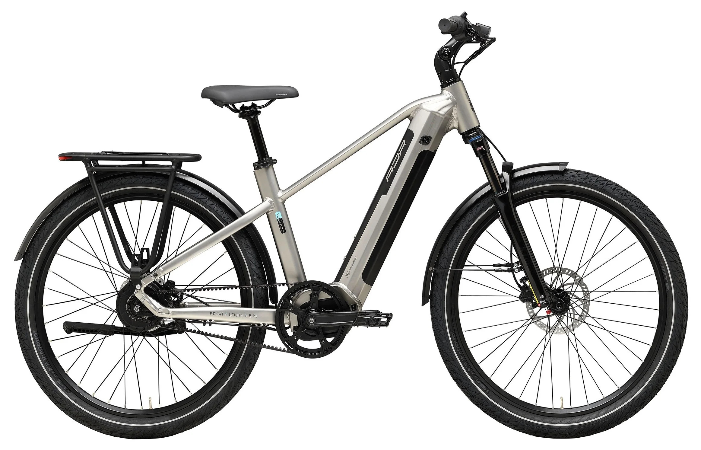 Bicicletta elettrica da montagna con telaio grigio, gomme larghe e portapacchi posteriore.