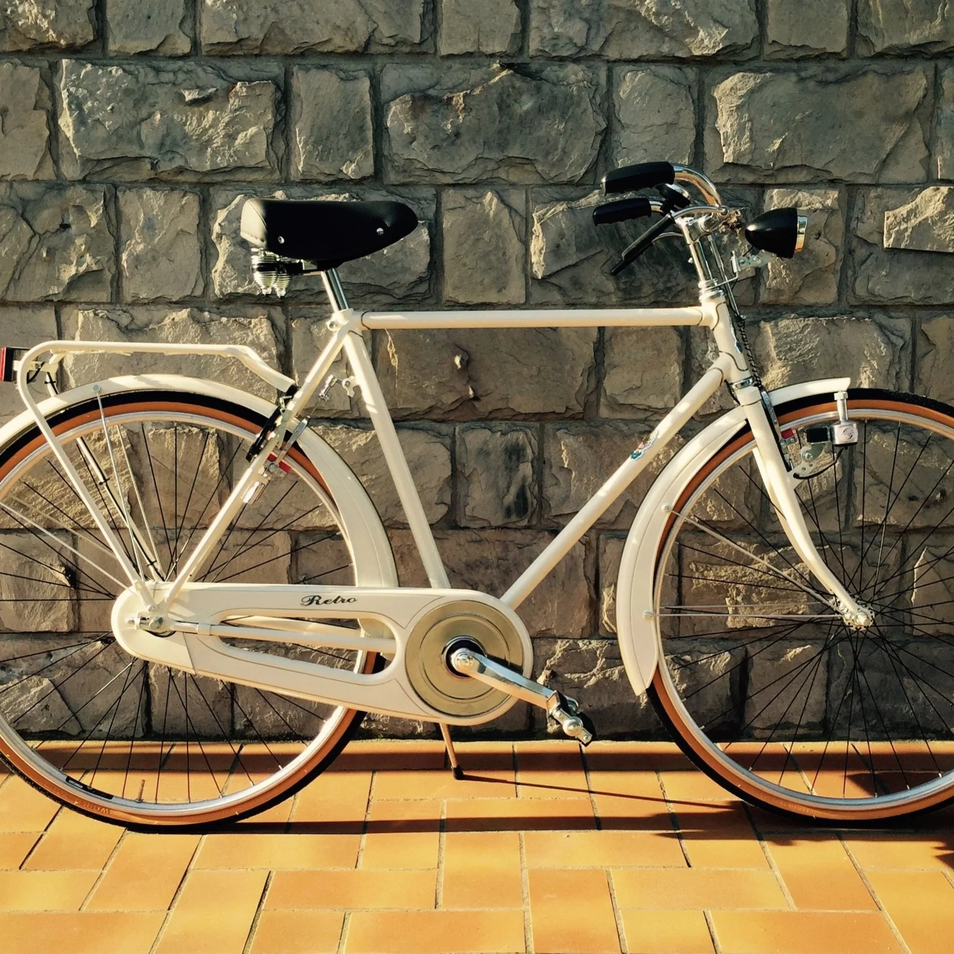 Una bicicletta retrò di colore bianco con dettagli marroni, con parapolvere e telaio di stile vintage, posizionata contro un muro in pietra.