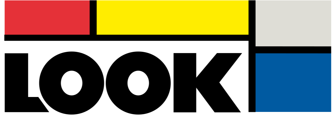 Logo con lettere nere e quadrati colorati rosso, giallo, grigio e blu in stile Mondrian.