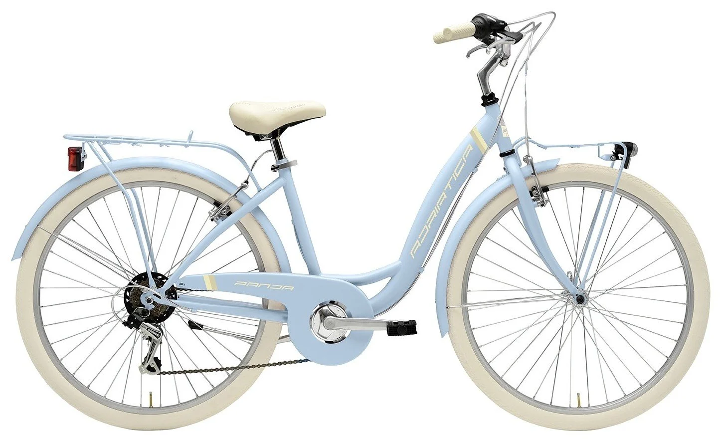 Bicicletta da città azzurra con pneumatici bianchi, portapacchi posteriore, manubrio diritto, sella beige e gomme da strada