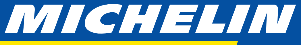 Logo di Michelin con sfondo blu, testo bianco e linea gialla sotto