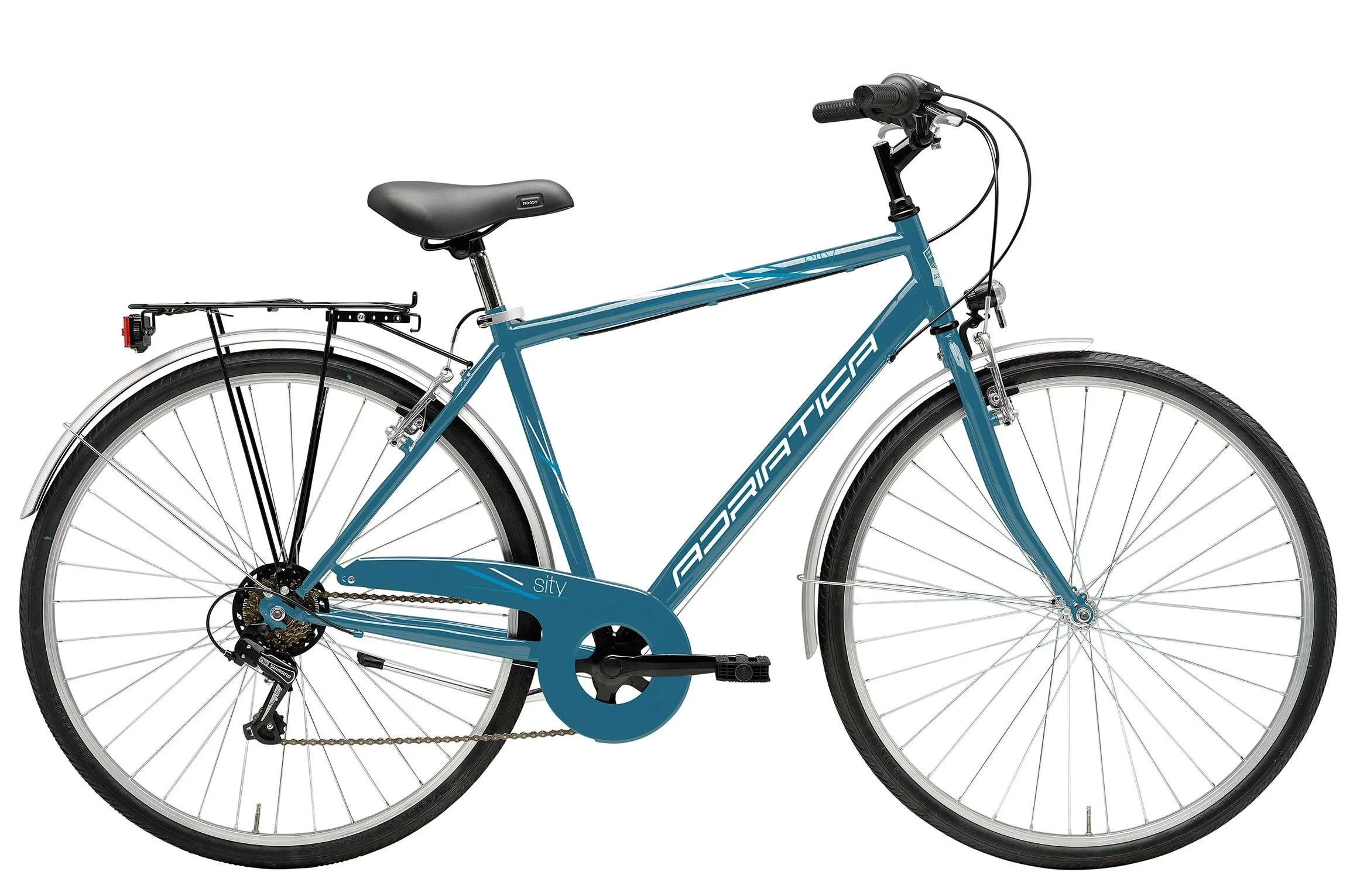 Bicicletta da città blu con specchietto, parapioggia, e ruote di varie dimensioni