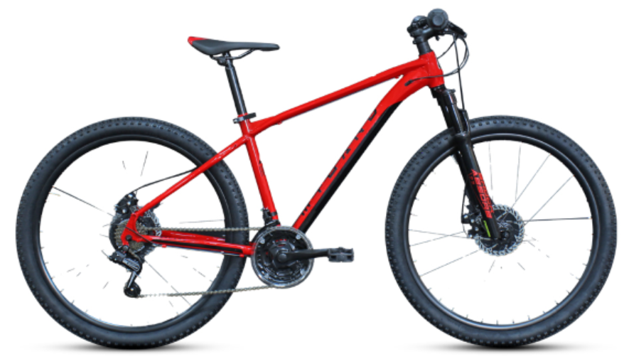 Bicicletta da montagna rossa con telaio in alluminio, sospensioni anteriori e posteriore, pneumatici larghi e freni a disco.