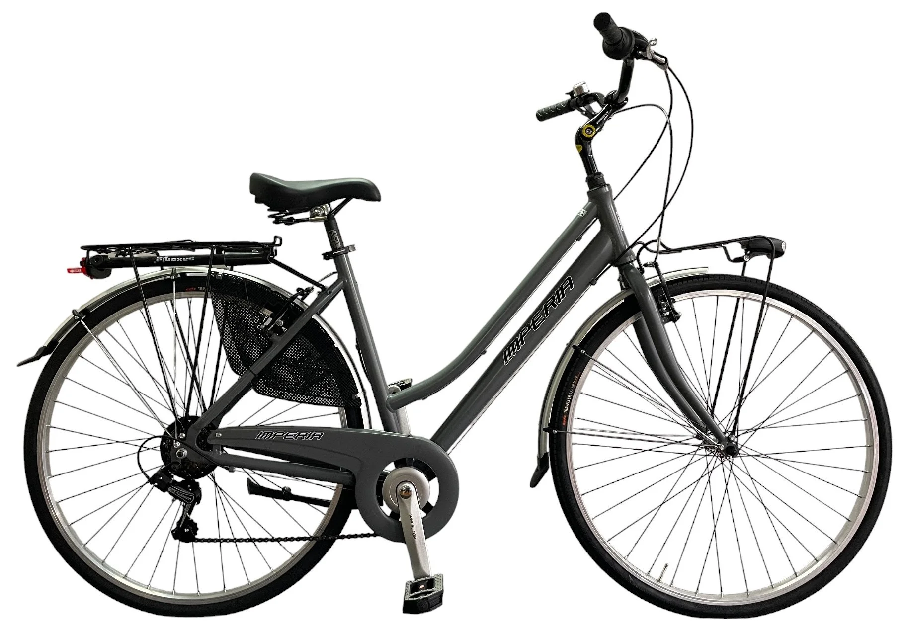 Bicicletta nera da donna con cornice A-shape, marciapiede e componenti in metallo, marca Imperial.