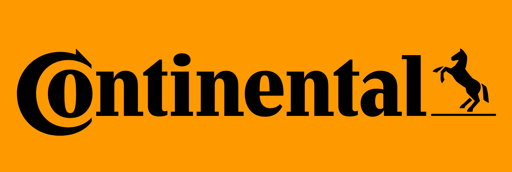 Logo di Continental con testo nero su sfondo arancione e un cavallo stilizzato nero a destra.
