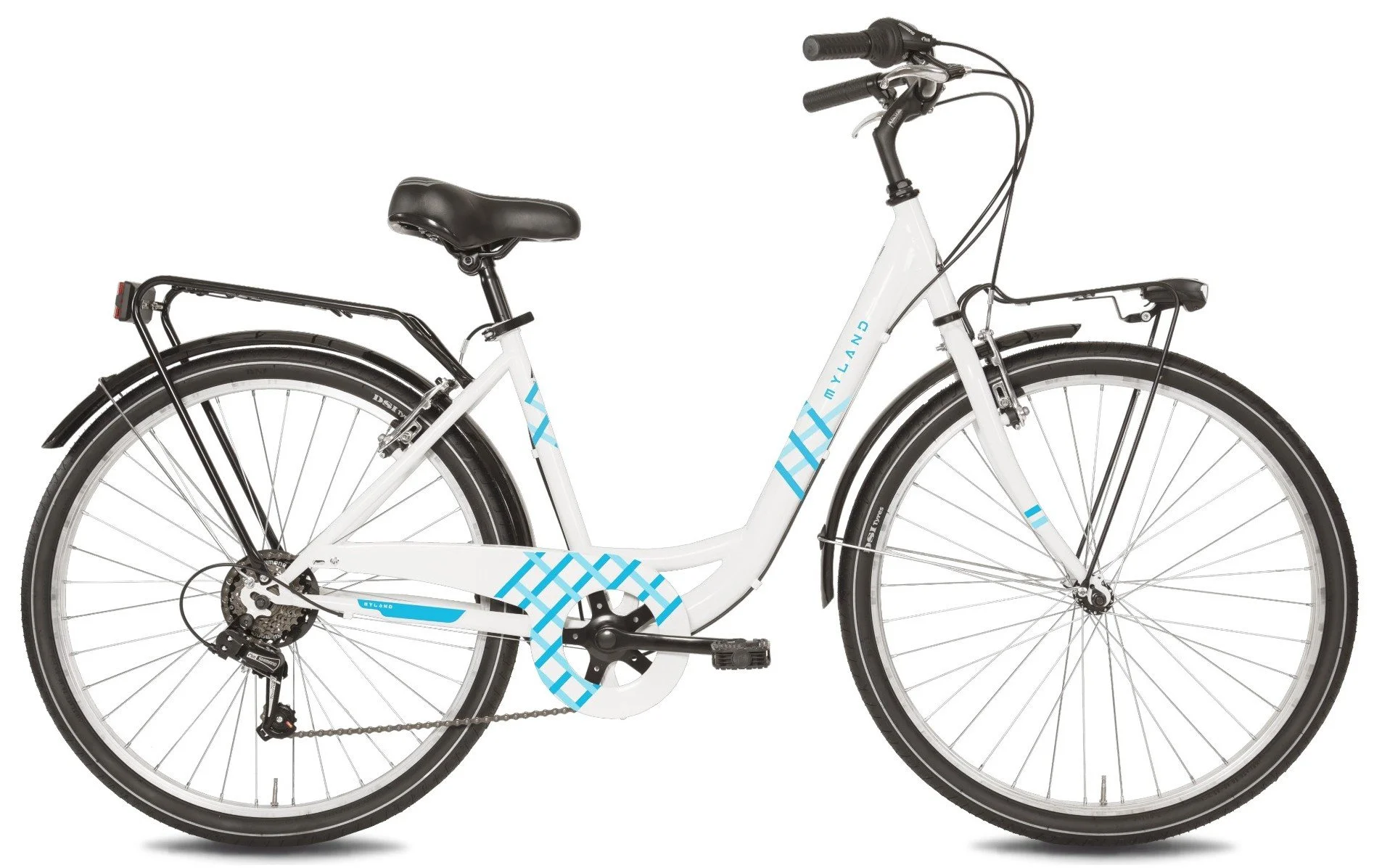 Bicicletta bianca con dettagli blu, dotata di parafanghi, sella nera, manopole nere, e portapacchi posteriore, vista frontale e laterale.