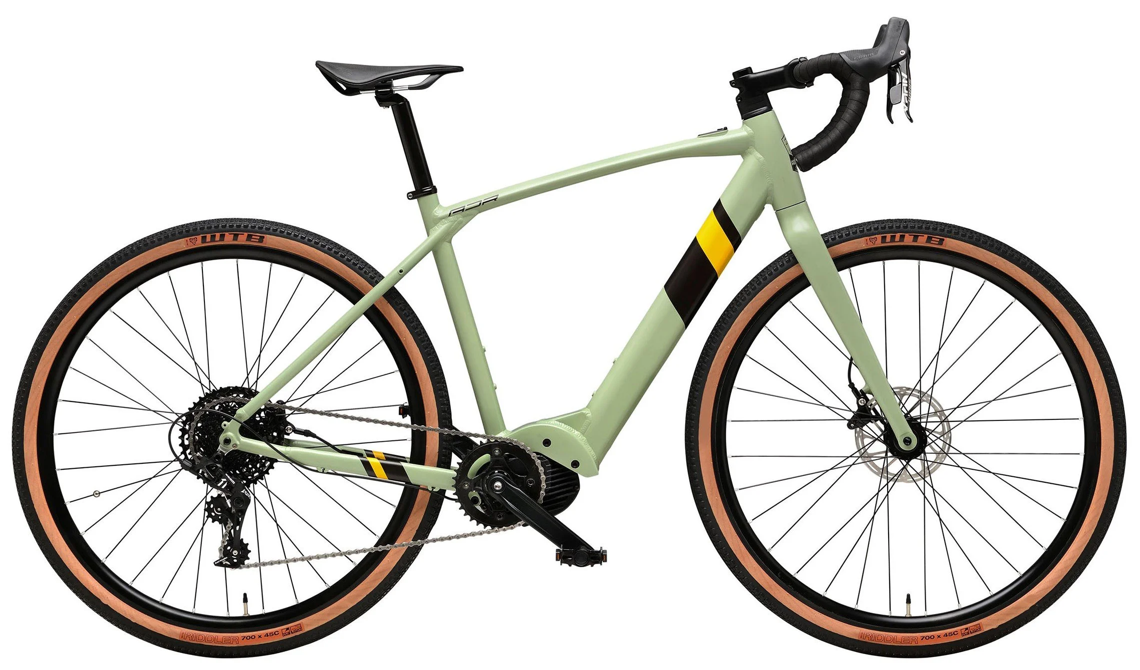 Bicicletta da mountain bike con telaio verde, manubrio con leve e sella nera, pneumatici con fascia color nocciola, e componenti neri.