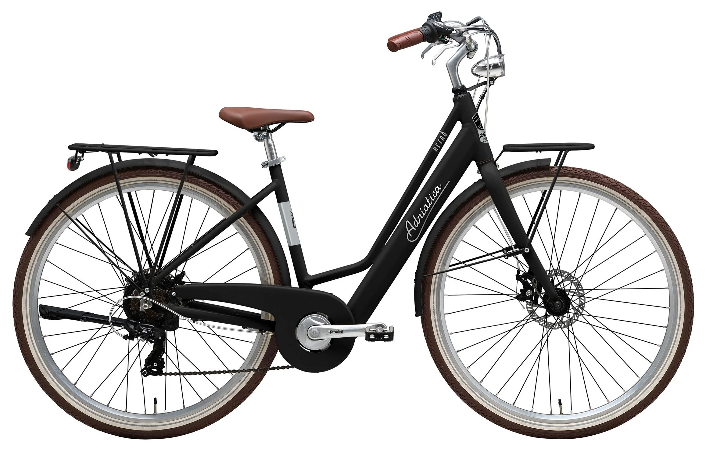 bicicletta nera con dettagli marroni, manubrio, selle e copertoni marroni, con portapacchi davanti e dietro, marca Adriatica.