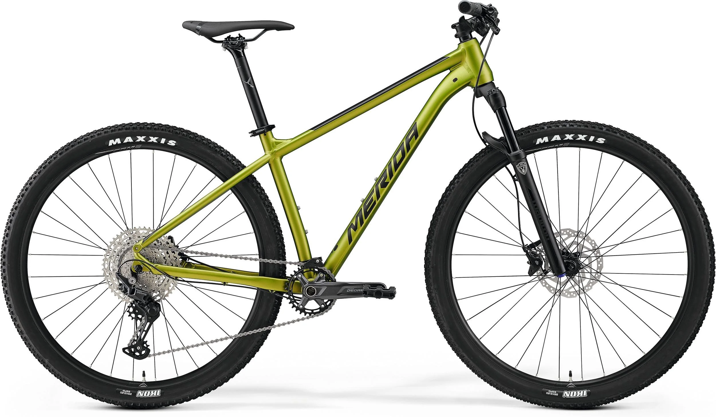 Mtb merida verde con ruote Maxxis nere, telaio in alluminio e sospensioni anteriori e posteriori
