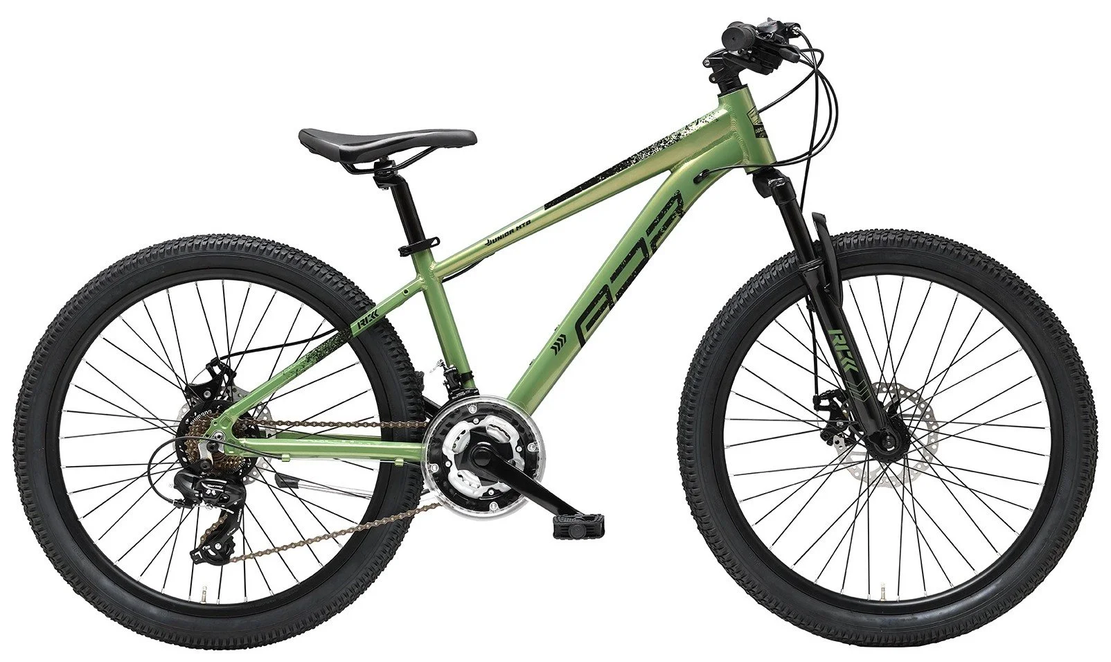Bicicletta da montagna verde con pneumatici robusti, telaio in alluminio, e componenti neri, vista laterale.