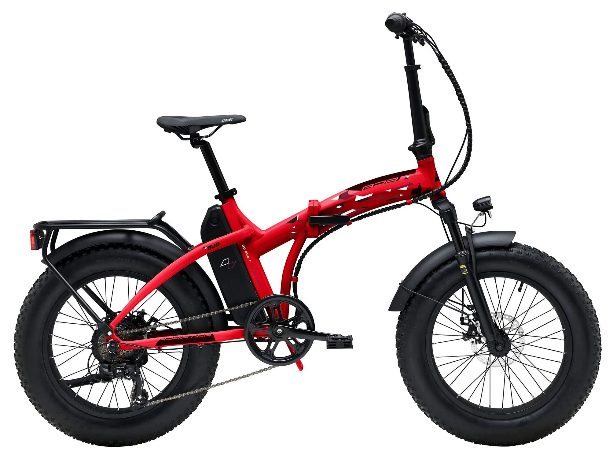 Bicicletta elettrica da montagna di colore rosso con pneumatici grandi e telaio robusto.