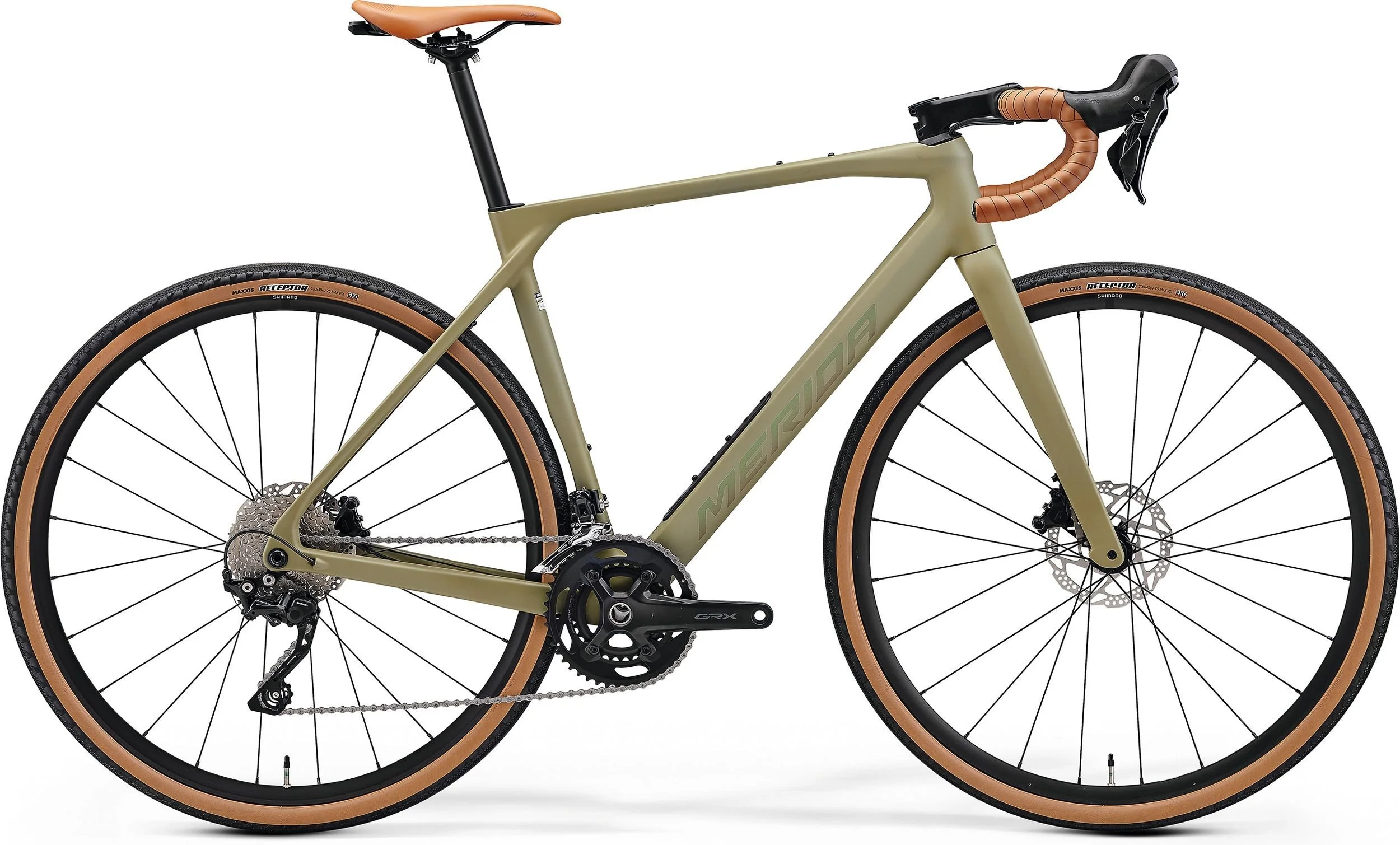 Bicicletta da strada con telaio beige, manubrio avvolto in pelle marrone e gomme con pareti marroni.