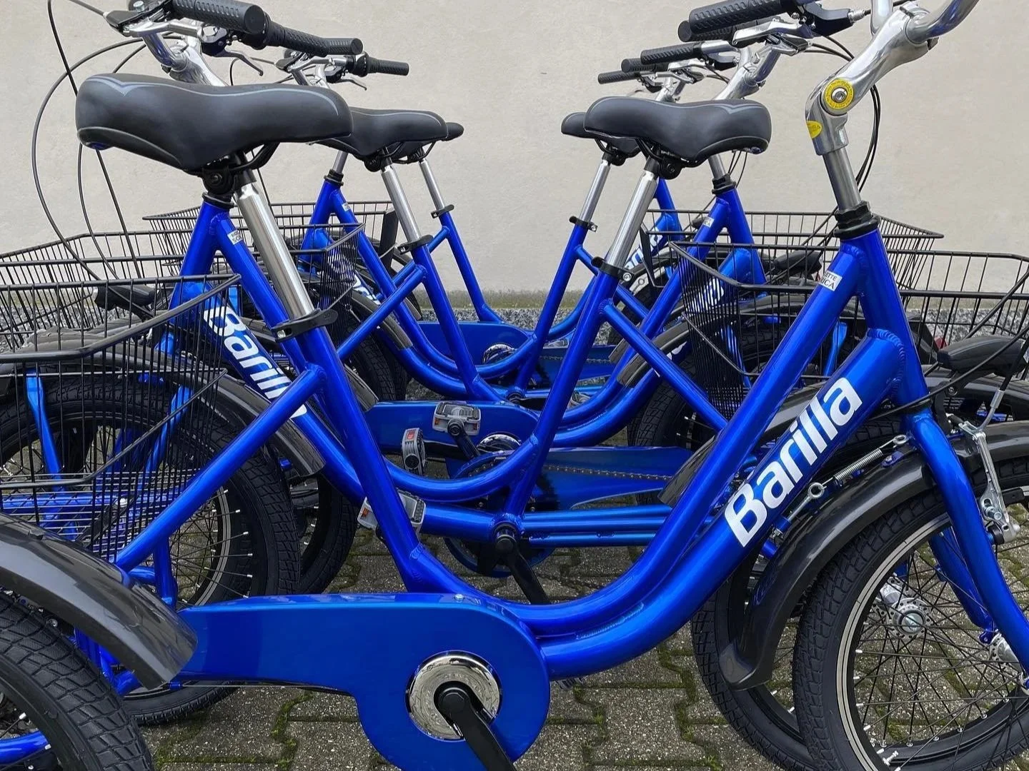 Una fila di biciclette blu con cestini anteriori, parcheggiate contro un muro grigio.