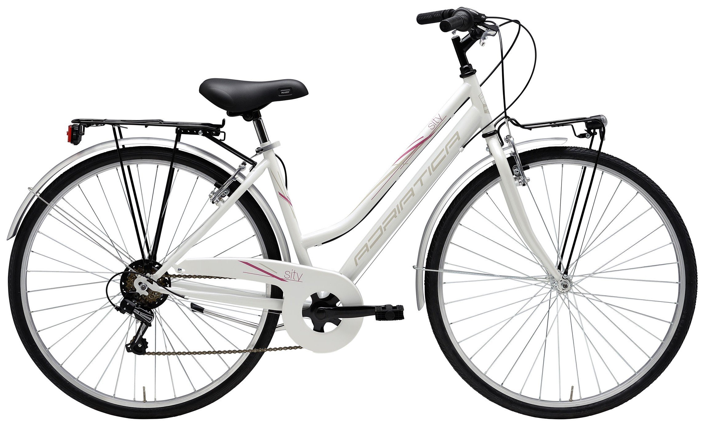 Bicicletta da donna bianca con componenti neri, sistema di cambio e portapacchi posteriore.