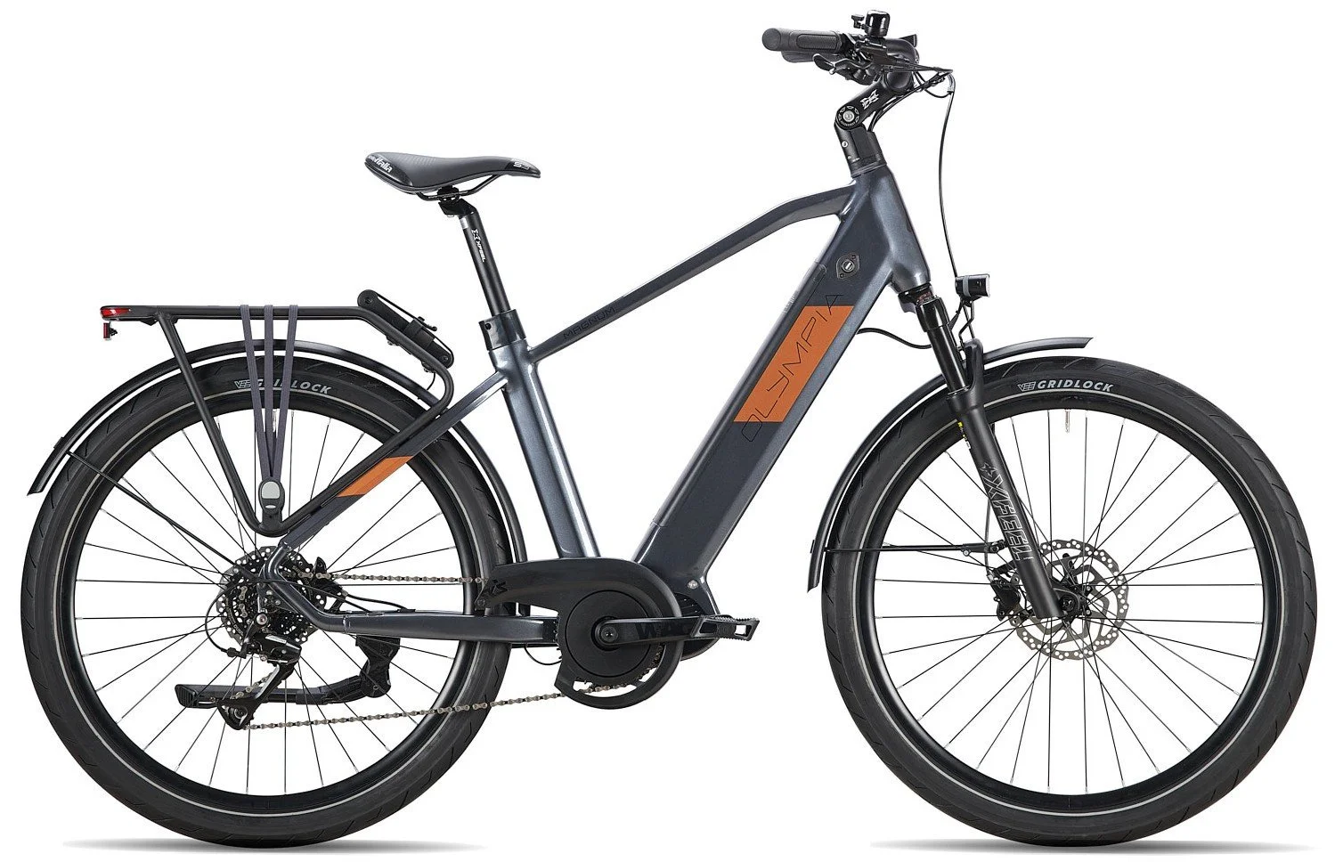 Bicicletta elettrica nera con telaio robusto, pneumatici larghi, portapacchi e sospensioni, marca Specialized.