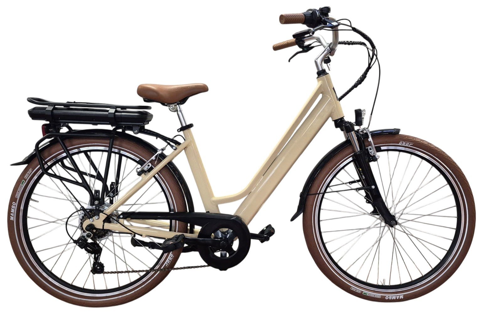 una bicicletta elettrica beige con dettagli marroni, ruote marroni con cerchi in alluminio argentato, sella marrone, manubrio con impugnature marroni, portapacchi posteriore nero, freni a disco e cambio a 21 velocità