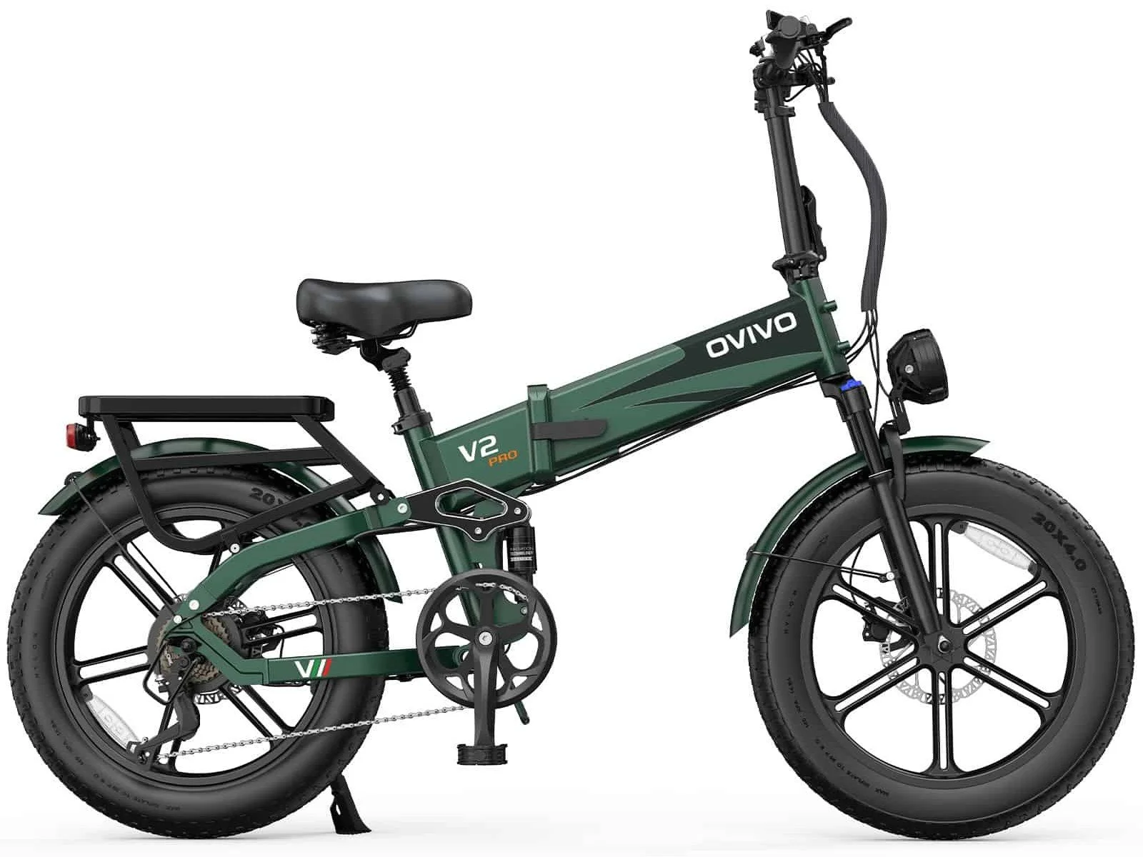 Bicicletta elettrica di colore verde con cornice robusta, sella nera, grande pignone posteriore, e ruote di grande diametro, marca OVIVO.
