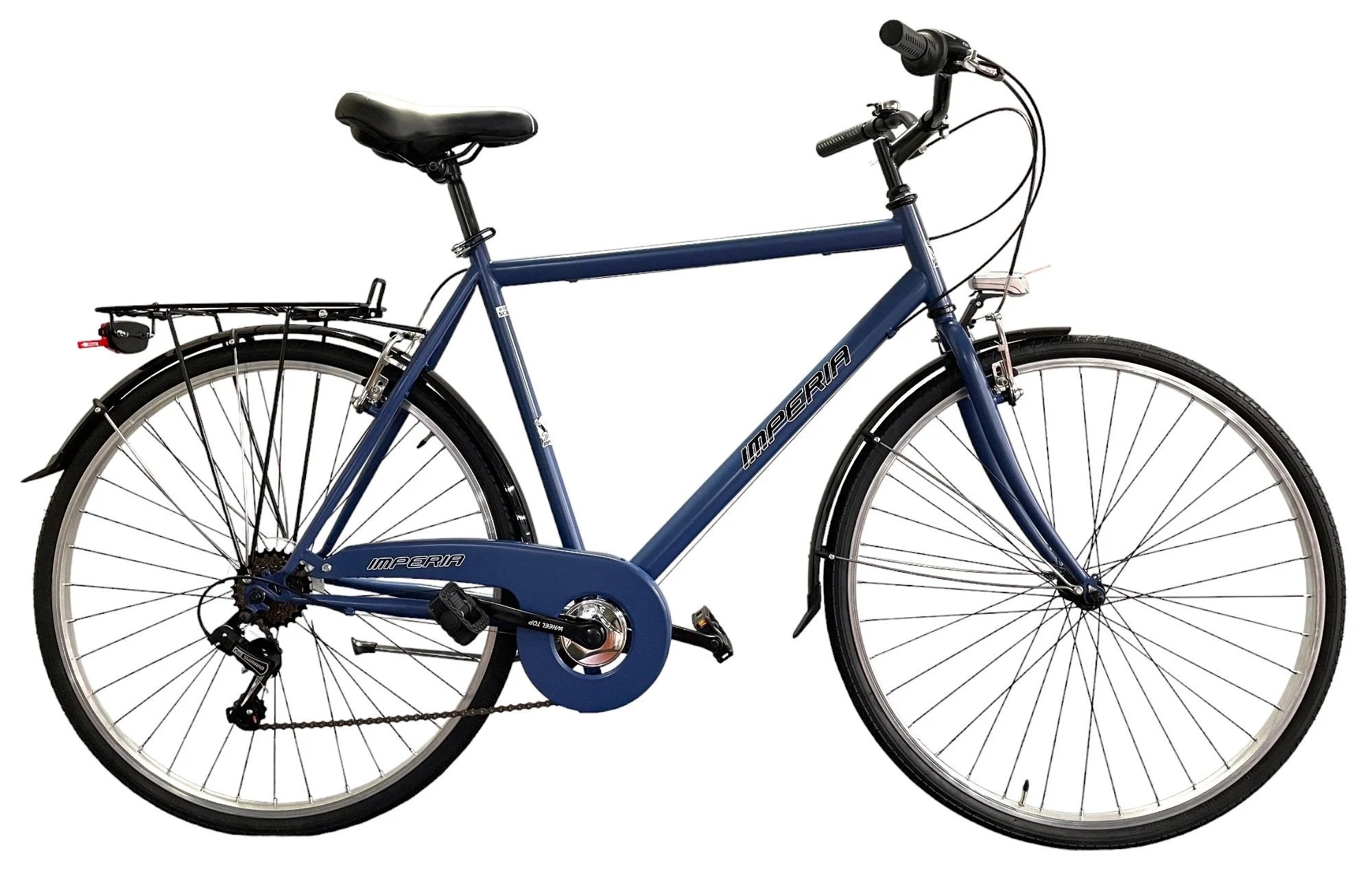 Bicicletta da città di colore blu con portapacchi e copertoni nere, marchiata Imperia, vista laterale