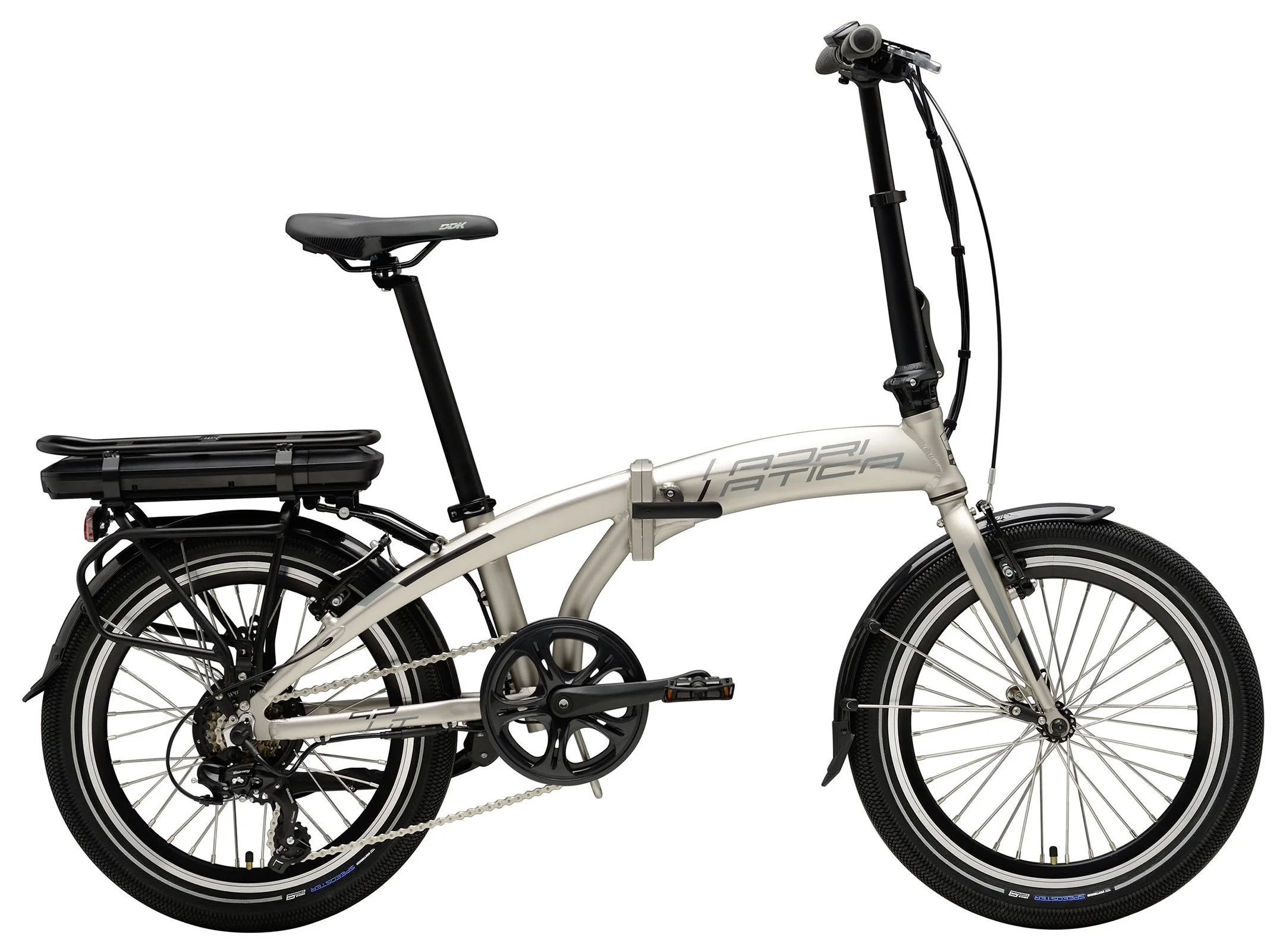 Bicicletta elettrica con telaio grigio, pneumatici larghi e portapacchi posteriore.