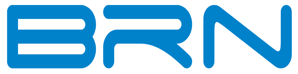 Logo con le lettere 'BRN' in blu su sfondo nero.